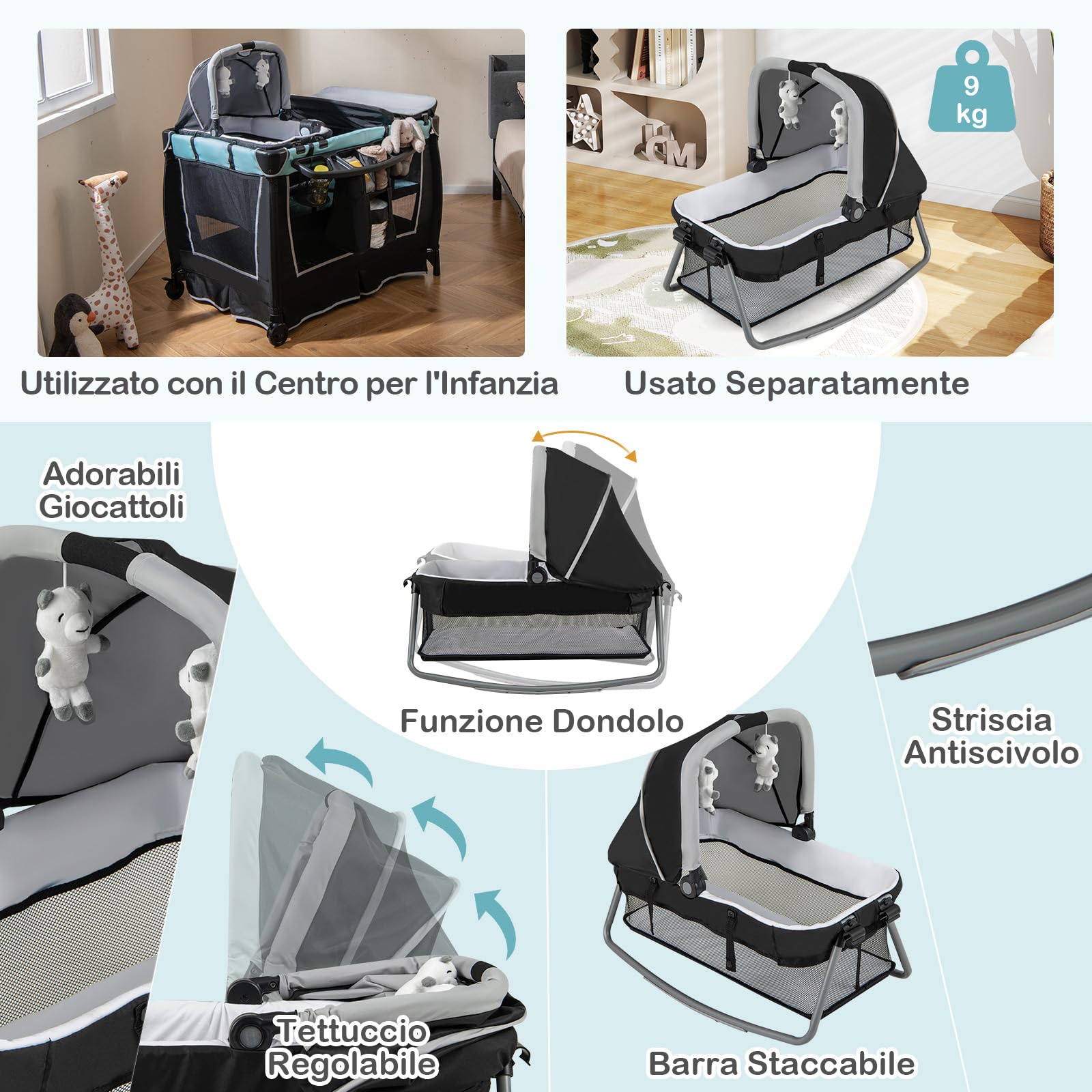 COSTWAY 6 w 1 Lettino da Campeggio per Bambini, Culla Viaggio, Box Portatile Pieghevole, Verde