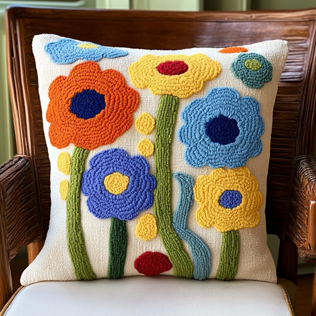 DIY Punch Needle Pillow Kit Dandelion Flowers with Pattern and Hoop Handmade Embroidery Punch Needle Starter Pillowcase Set for Home Sofa Decor 43x43cm-1-3