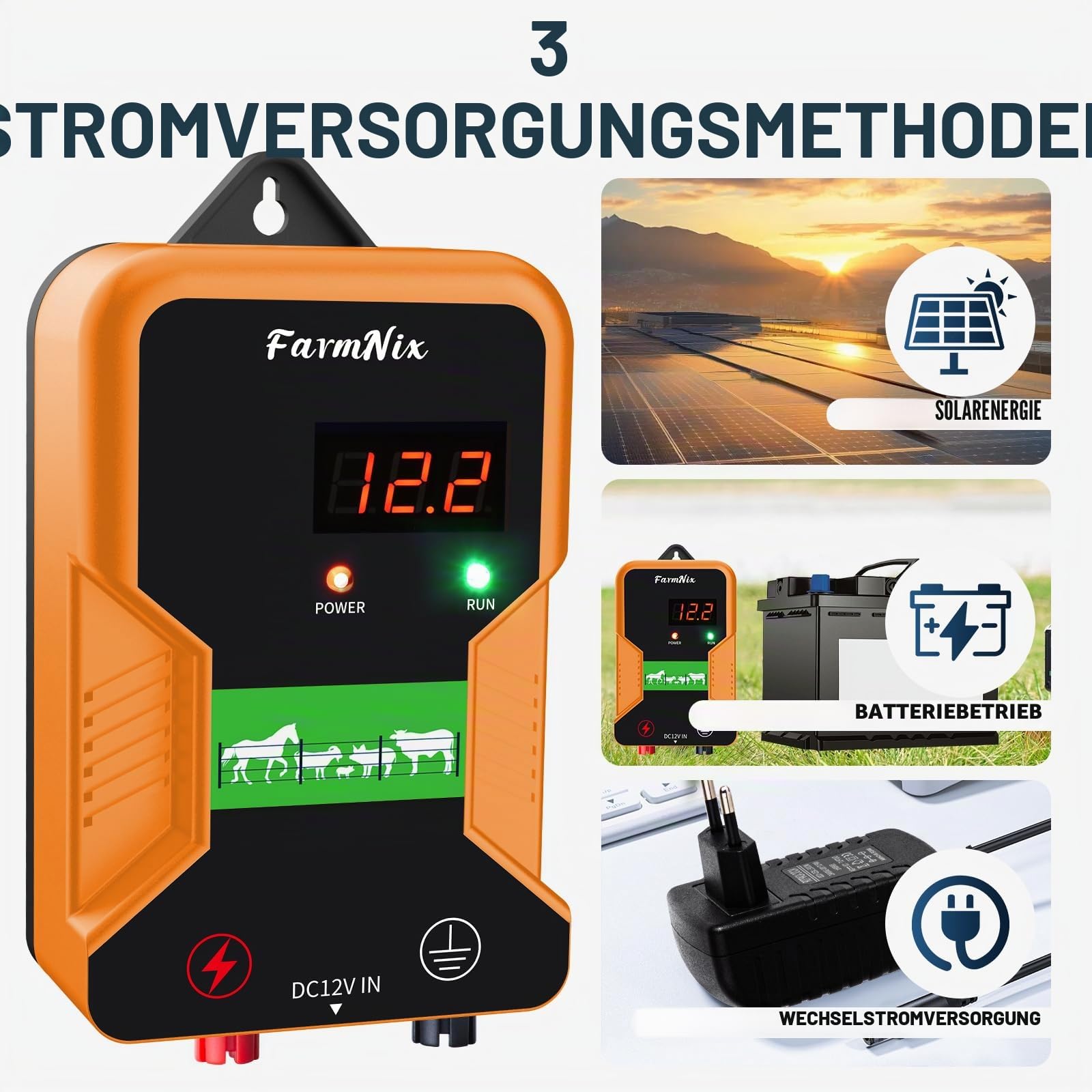 Weidezaungerät 12V mit LED Anzeige, 2J 15 KM 230V Elektrischer Weidezaun, Elektrozaun für Hunde, Wasserdicht Weidezaun Elektrisch für Schutz von Nutztieren, Haustieren, Geflügel, Hausweide, Gärten