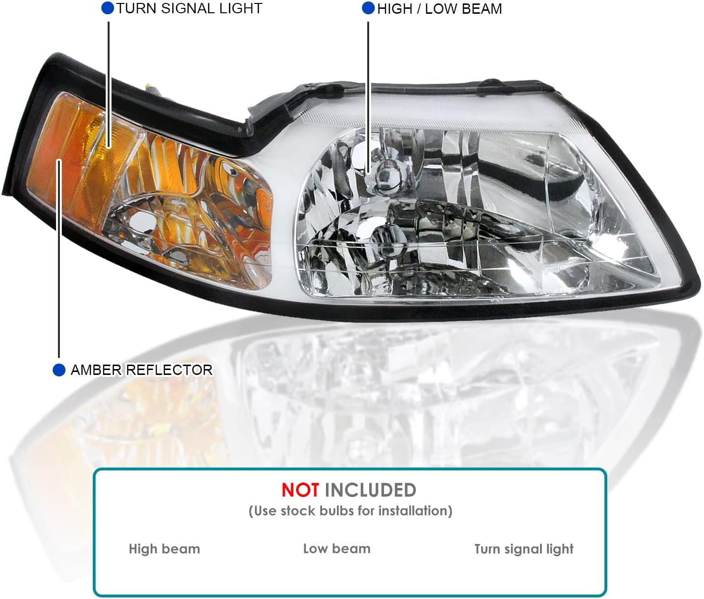 SPEC-D TUNING Chrome Housing Clear Lens Headlights Compatible with 1999-2004 Ford Mustang L+R Pair Head Light Lamp Assembly