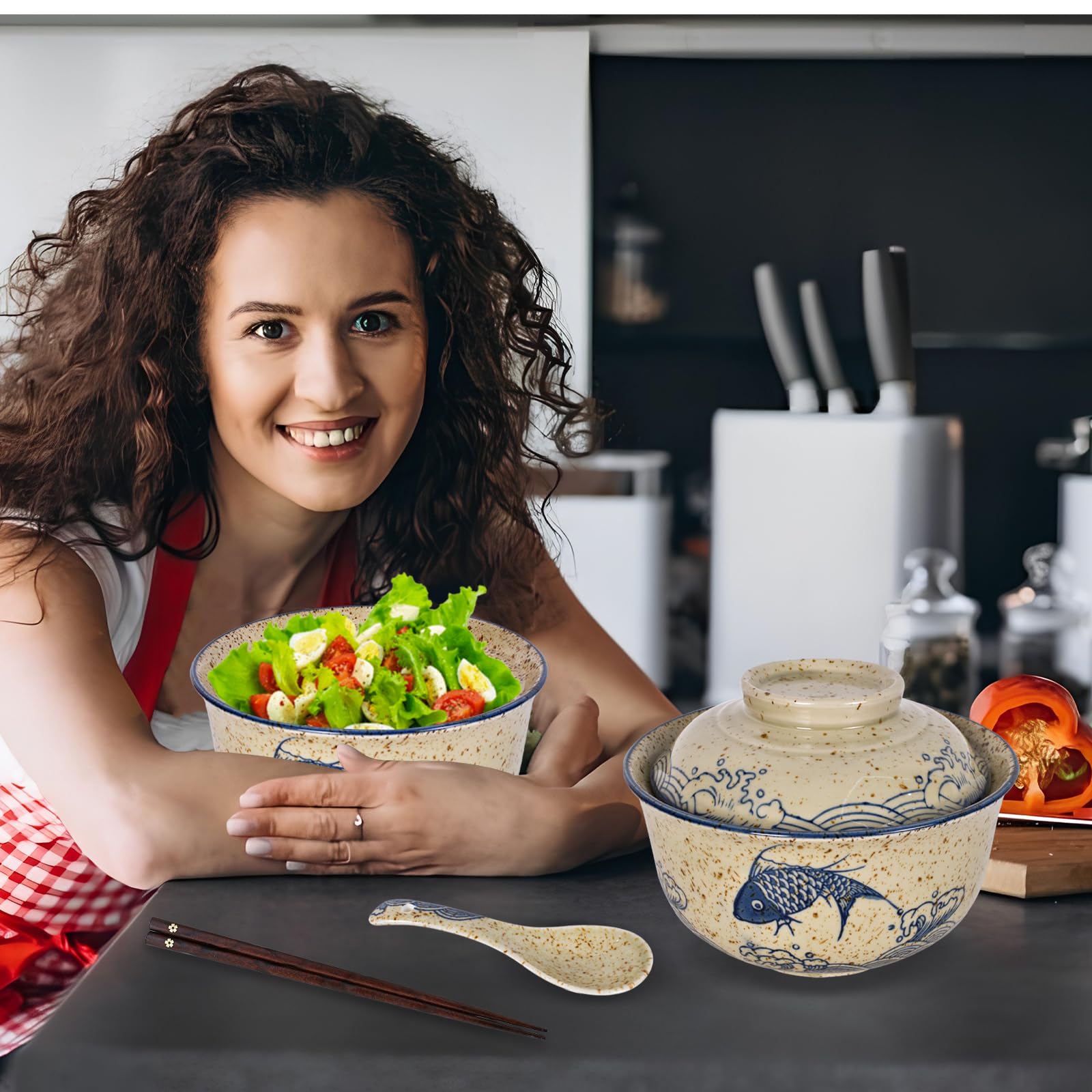 Juego de 2 Cuenco de Ramen, Tazones Ramen de Cerámica de 800 ml con Tapa Palillos y Cucharas, Ramens Bowl de Cerámica, para Udon, Soba, Fideos, Ensaladas y Sopas (A)