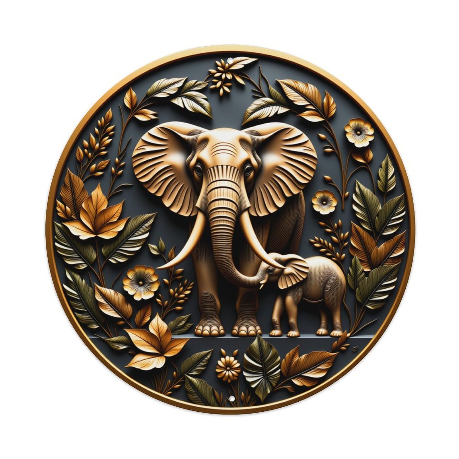 Elephant And Calf Floral Design Vintage Metal Tin Sign Retro Wall Decor for Home Bar Garage Cafe, Indoor & Outdoor Decorative，circle Metal Poster, 8x8 Inch