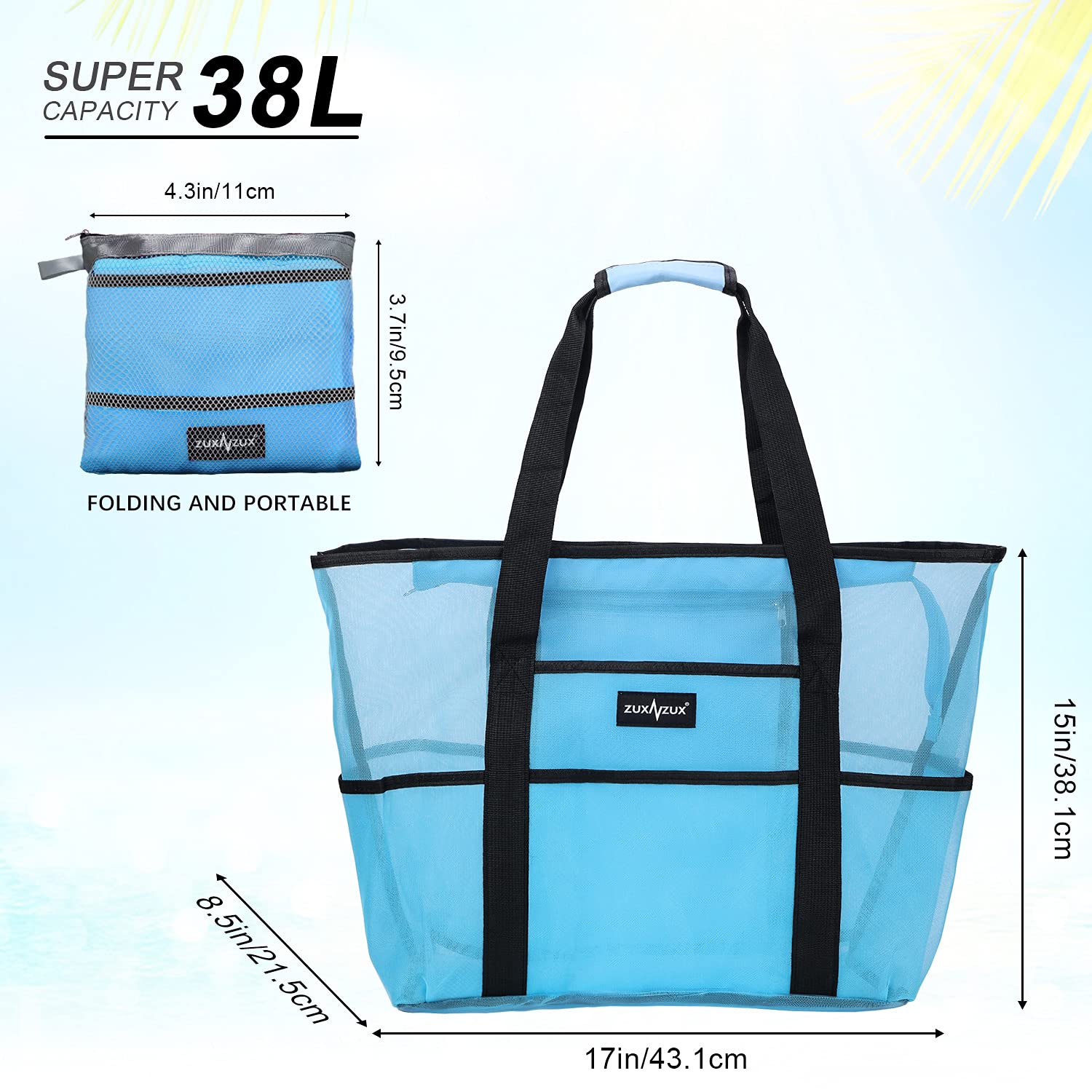 Sac de Plage Grand en Maille avec Fermeture Éclair, Fourre-Tout de Plage Anti-Sable Pliable Main Sac, Piscine Voyage L'été Vacances Vêtements Jouets Gym
