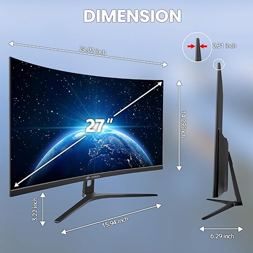 Miniatura 7 de CRUA Monitor curvo de 27 pulgadas, panel VA FHD (1920 x 1080P), 100 HZ, monitor de computadora profesional 120% sRGB, biseles estrechos en tres