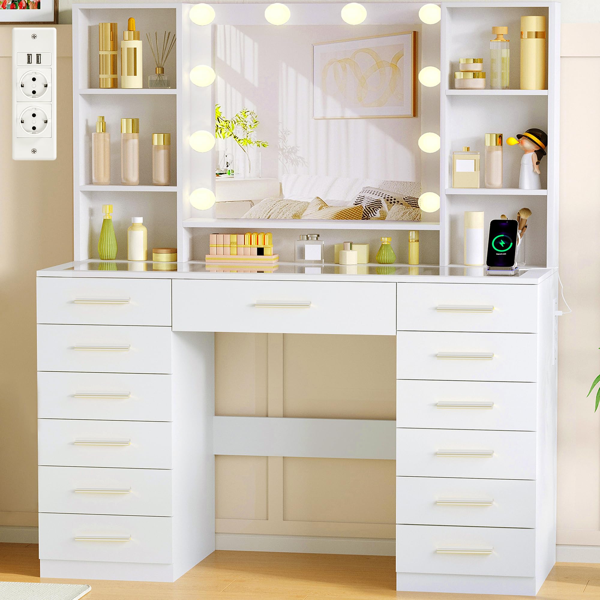 ANWBROAD Grande Coiffeuse avec Miroir LED,Luminosité Réglable,3 Couleurs,Coiffeuse avec Plateau en Verre et Prise,Table de Maquillage avec 13 Tiroirs,7 Étagères Ouvertes,Blanc BDT19X