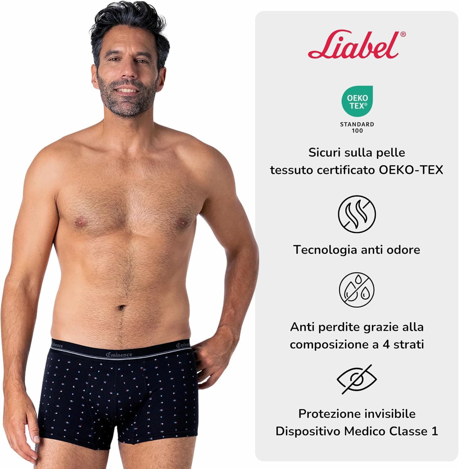 Boxer Sanitario Assorbente da Uomo, Cotone Elasticizzato, Dispositivo Medico, Anti Odore, Invisibile 4 Strati Piccole Perdite Urinarie, Incontinenza (Fantasia, XXL)