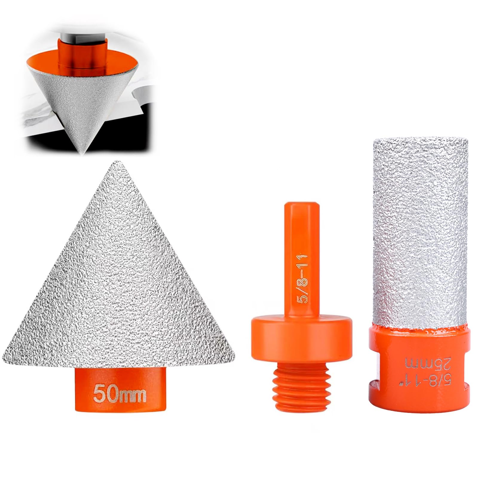 Set di 3 punte diamantate per smussatura da 50 mm, con adattatore filettato da 5/8-11", punta diamantata da 25 mm, set di punte per smerigliatrice a cono per piastrelle, per fori esistenti