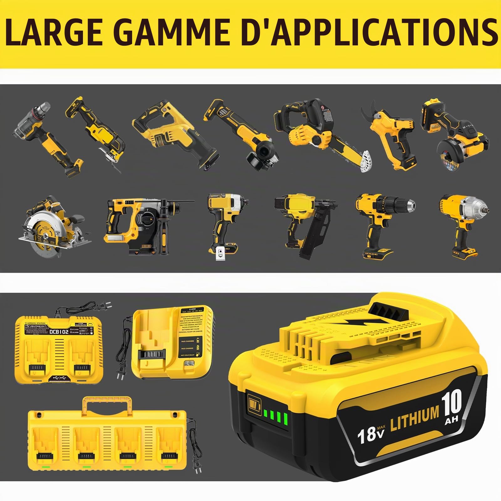 2Pack 18V 10.0Ah Batteries pour Dewalt + 4A Double Chargeur DCB102