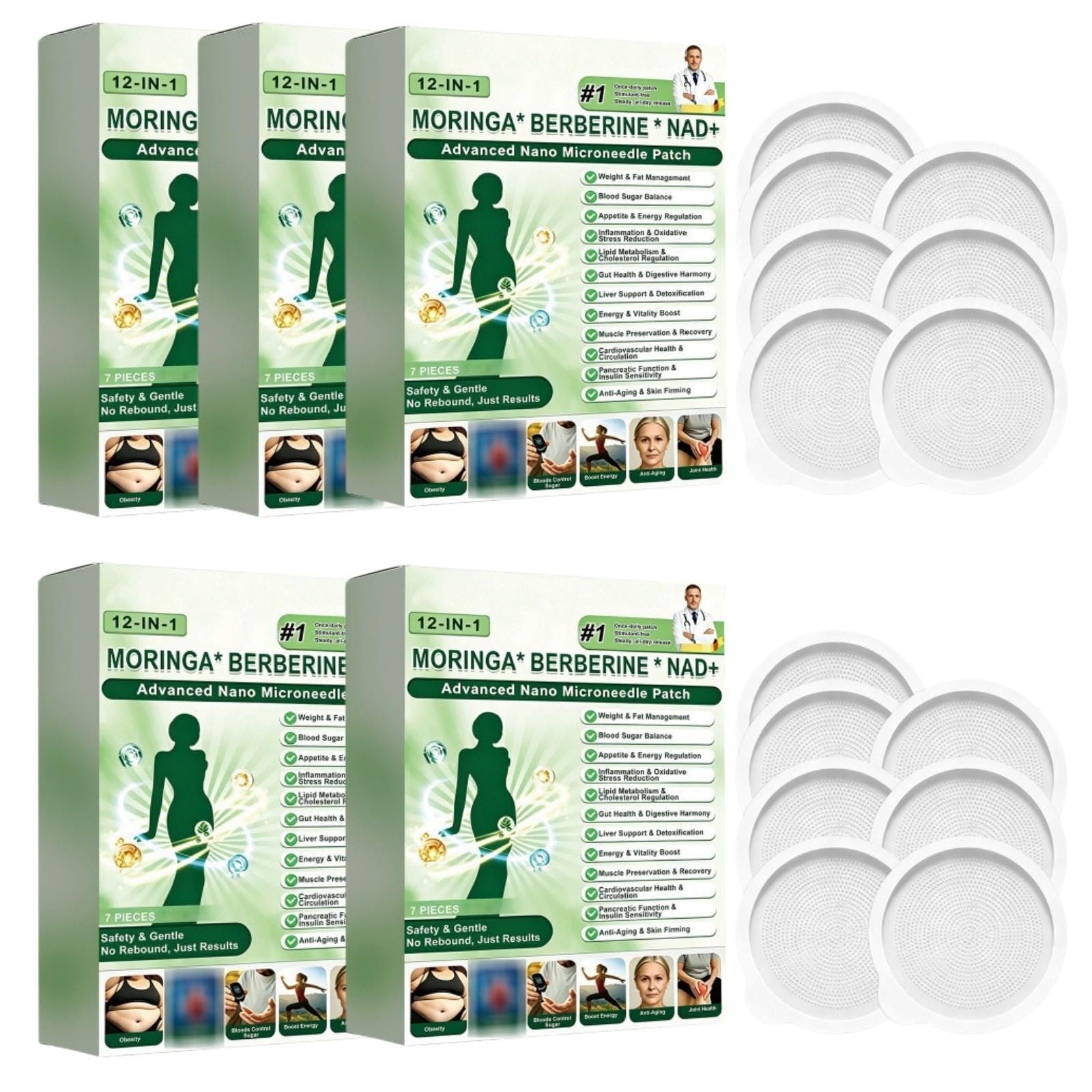 Moringa Berberin12 w 1 x NAD+ Zestaw 7 naturalnych plastrów odchudzających z mikroigłami, berberynka odchudzająca, pielęgnacja ciała do rutyny sylwetki i dobrego samopoczucia