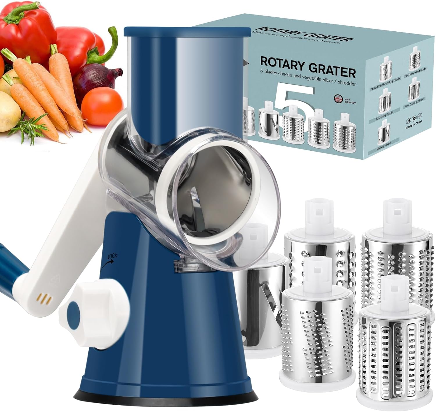 Ourokhome Rallador giratorio de queso, manivela, trituradora de cocina, trituradora de mandolina de velocidad, máquina de afeitar de hielo con mango