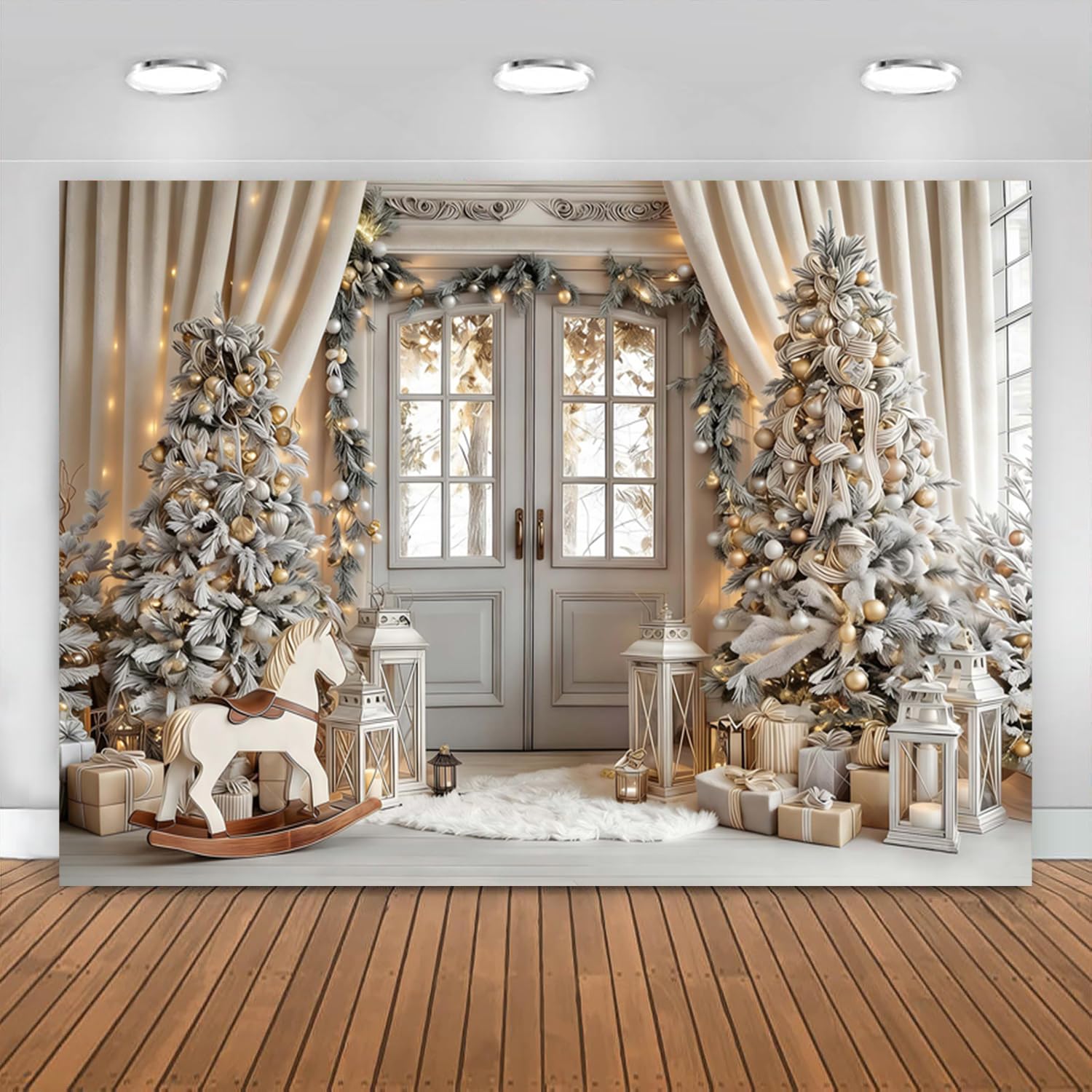 3x2.4m Sfondo Natale Oro bianco alla moda di Natale Camera interna Fotografia di sfondo Famiglia Bambini Inverno Vacanza Capodanno Decorazioni del partito Banner Photo Booth Props