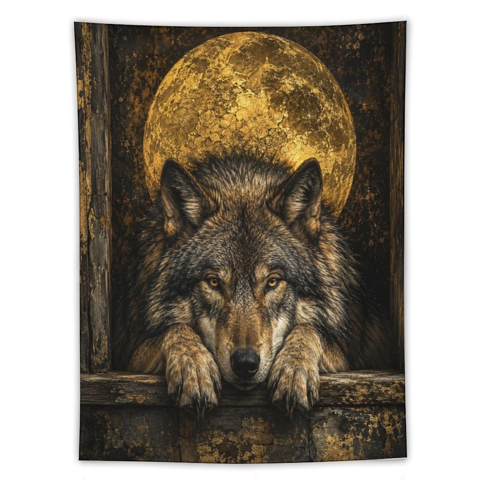 H3B8U2Y5 Wolf Portrait Golden Moon Wall Tapestry, Quiet Night
