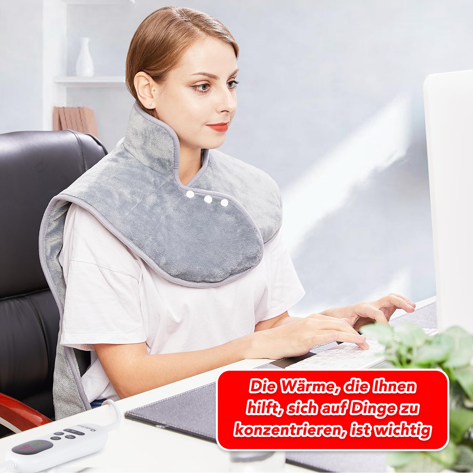 Heizkissen für Rücken Schulter Nacken 60x100cm Wärmekissen mit Abschaltautomatik, Schnelle Erwärmung, mit Taillenriemen, Rückenwärmer Heizdecke 6 Heizstufen, Auto-OFF-Timer, Flanell, Waschbar, Grau