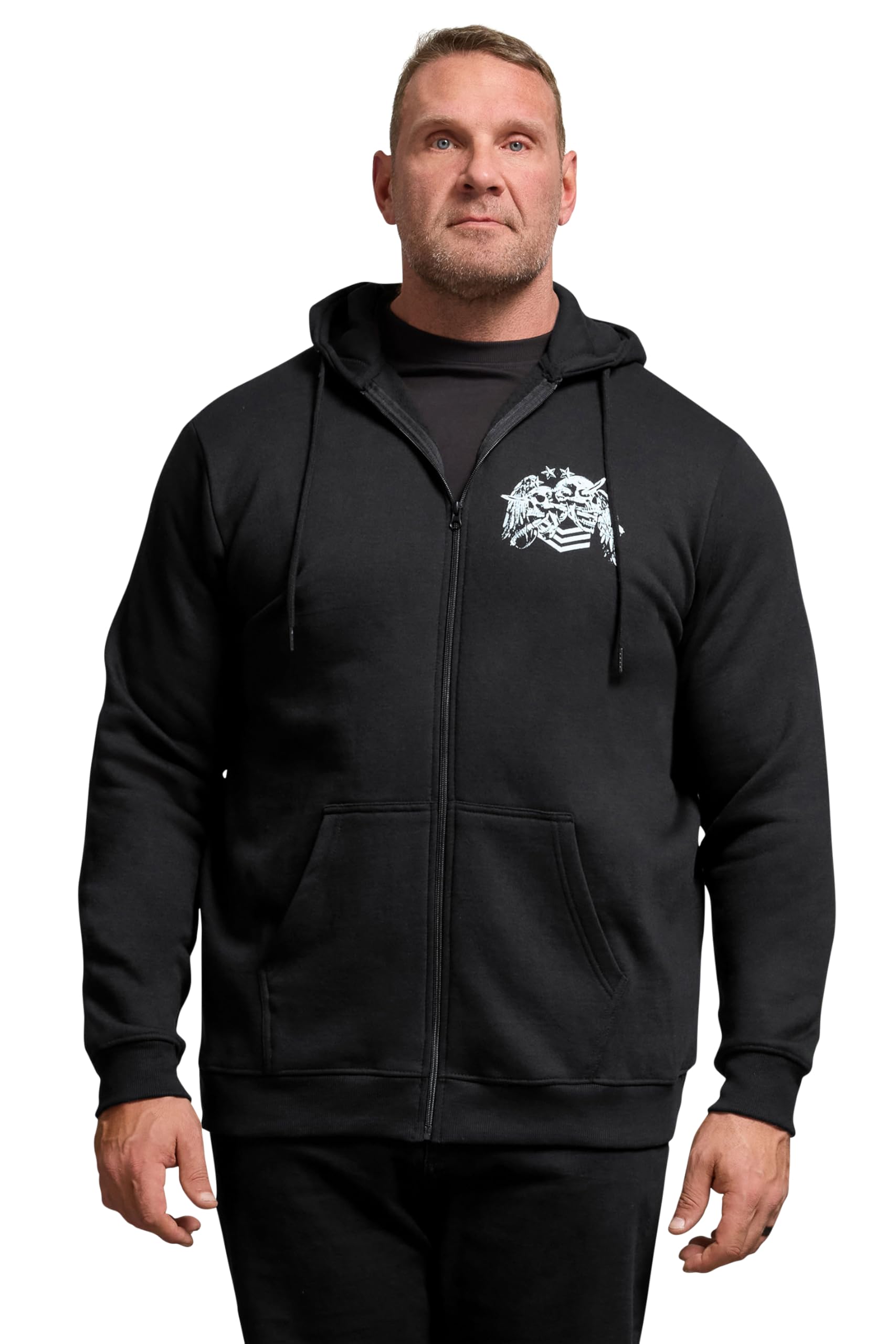 Badrhino Men's Jet Black Big & Tall Black Skull Military Zip Through Hoodie - Plus Size Curve