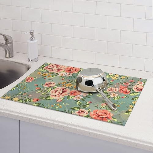 Miniatura 7 de Tapete de secado de platos para encimera de cocina, tapete floral vintage de microfibra, tapete escurridor de platos para encimera, cafetería, barra