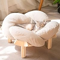 CHEERHOME PETS Elevated Wooden Cat Bed with Fluffy Cushion - Raised Indoor Cat Couch Sofa for Cats & Small Dogs (White)