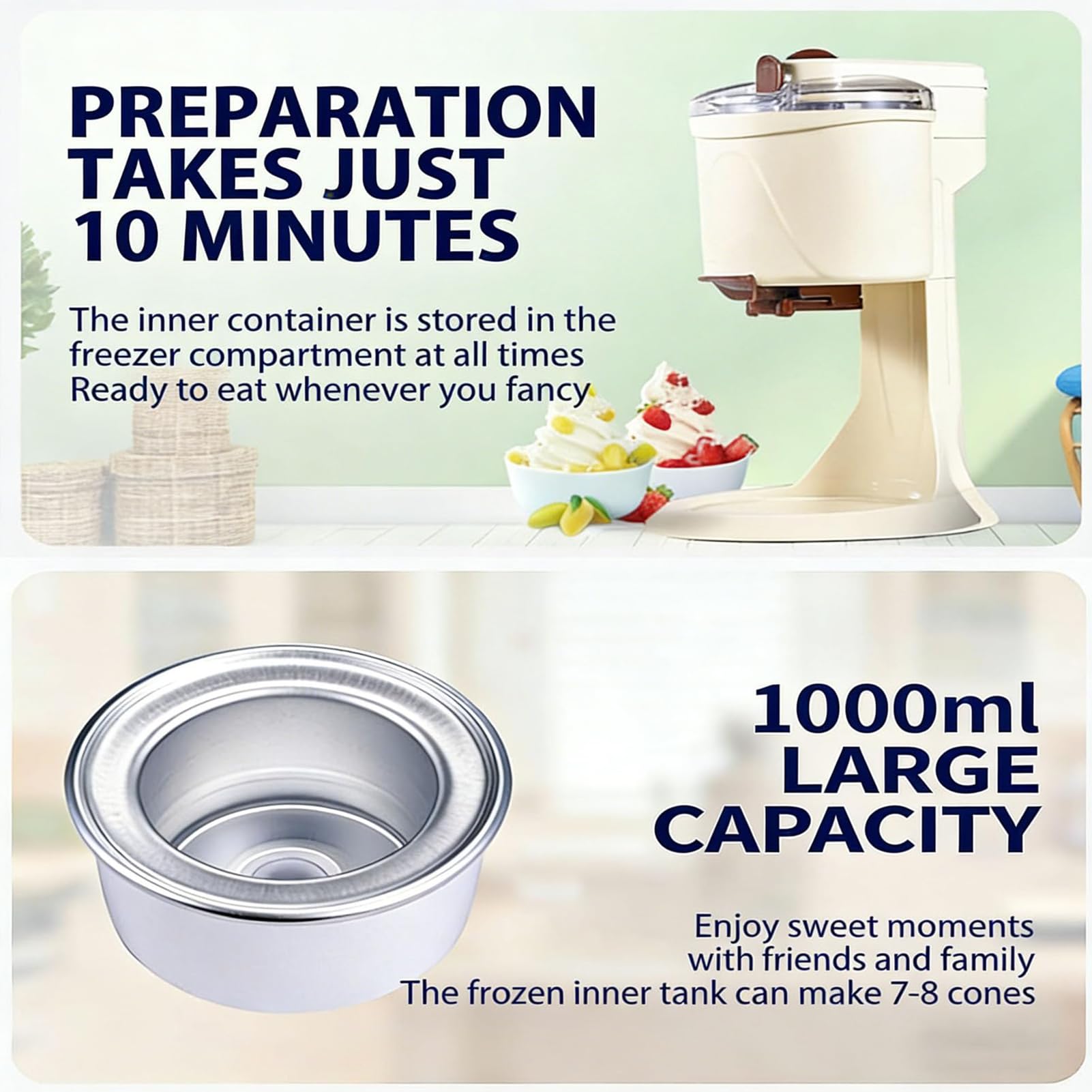 Soft-serve-eismaschine, 1l Home Automatische Sorbetmaschine Mit One-click-bedienung Und Diy Herstellung, Abnehmbar Und Waschbar, Eis- Und Gefrorene Dessertmaschine Für Joghurt Und Sorbet