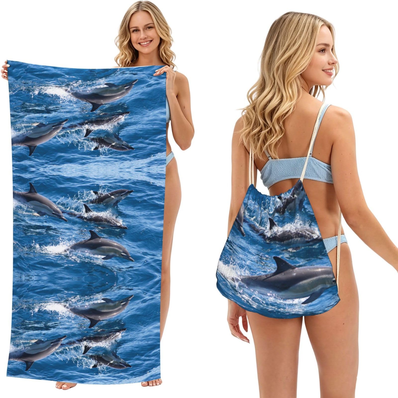 EZDLOWVBA Dolphins In The Sea Print Beach Towel Backpack 2 In 1 Summer Large Lightweight Beach Towel - Multifunctional Ship Pattern Towel Bag For Storage,Sport