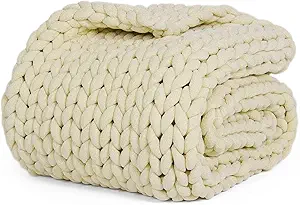 YnM Chenille Weighted Blanket, Handmade Chunky Knitted Design, Soft and Cozy, Temperature Regulating and Breathable, Machine Washable Throw for Sleep or Home Decor (Sparkling White, 60x80 Inch, 15lbs)