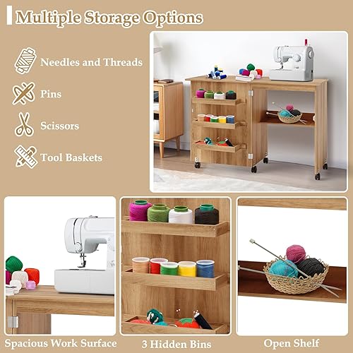 Miniatura 5 de COSTWAY Folding Sewing Table, Multipurpose Craft Station Desk, Display Cabinet with Shelves Storage, Lockable Wheels, Rolling Sewing Machine Desk