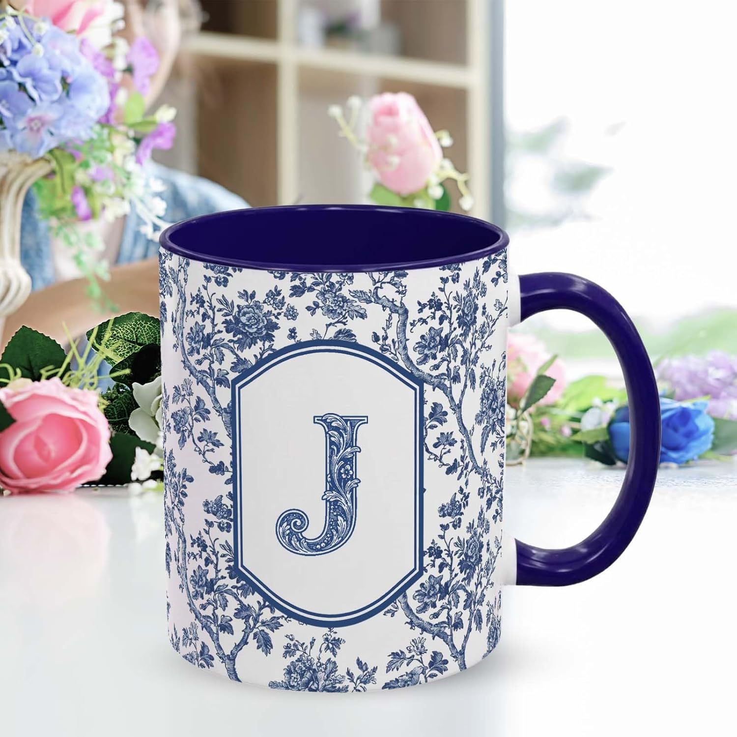 Blue Toile Letter J Mug, 11 oz French Floral Ceramic Coffee Cup Tea Cup with Initials, Personalized Birthday Gifts for Women Men Friend Friendship Unique Aesthetic Mug - Image 2