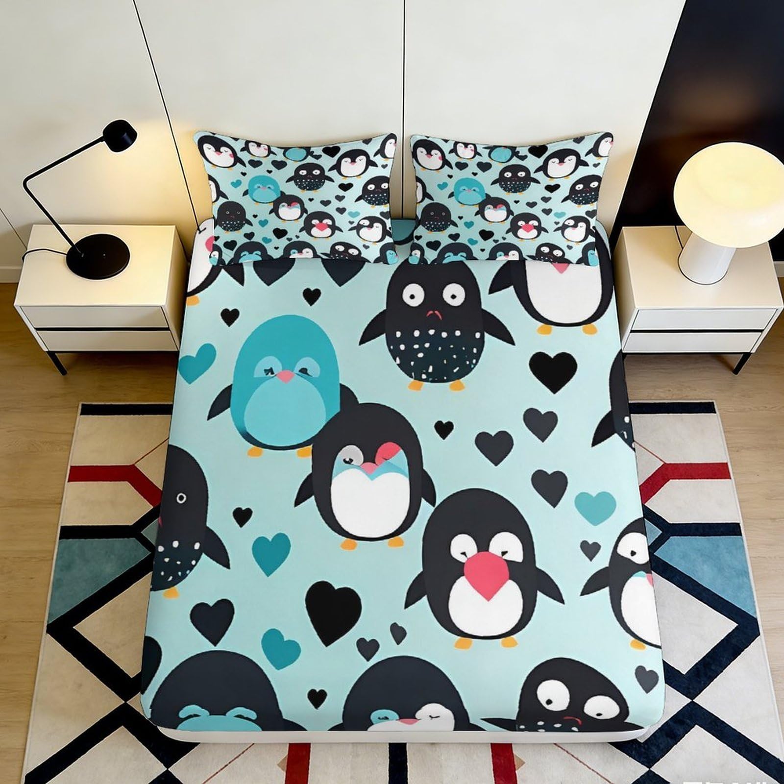 Pnayamiorkfel Style-3 3D Printed Cute Penguin Fitted Sheet Microfiber Cartoon Heart Mattress Cover For Bedroom Guest Room Easy Care 90X200x25cm