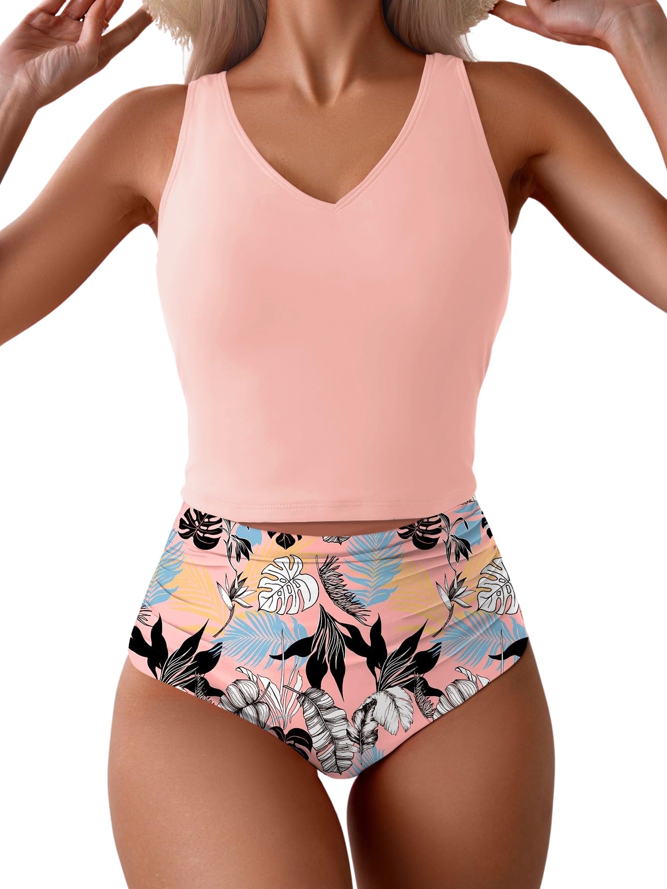 Eomenie Two Piece Tankini Swimsuits for Women Tummy Control Bathing Suits Cutout Back Swim Tank Top with High Waisted Bottom