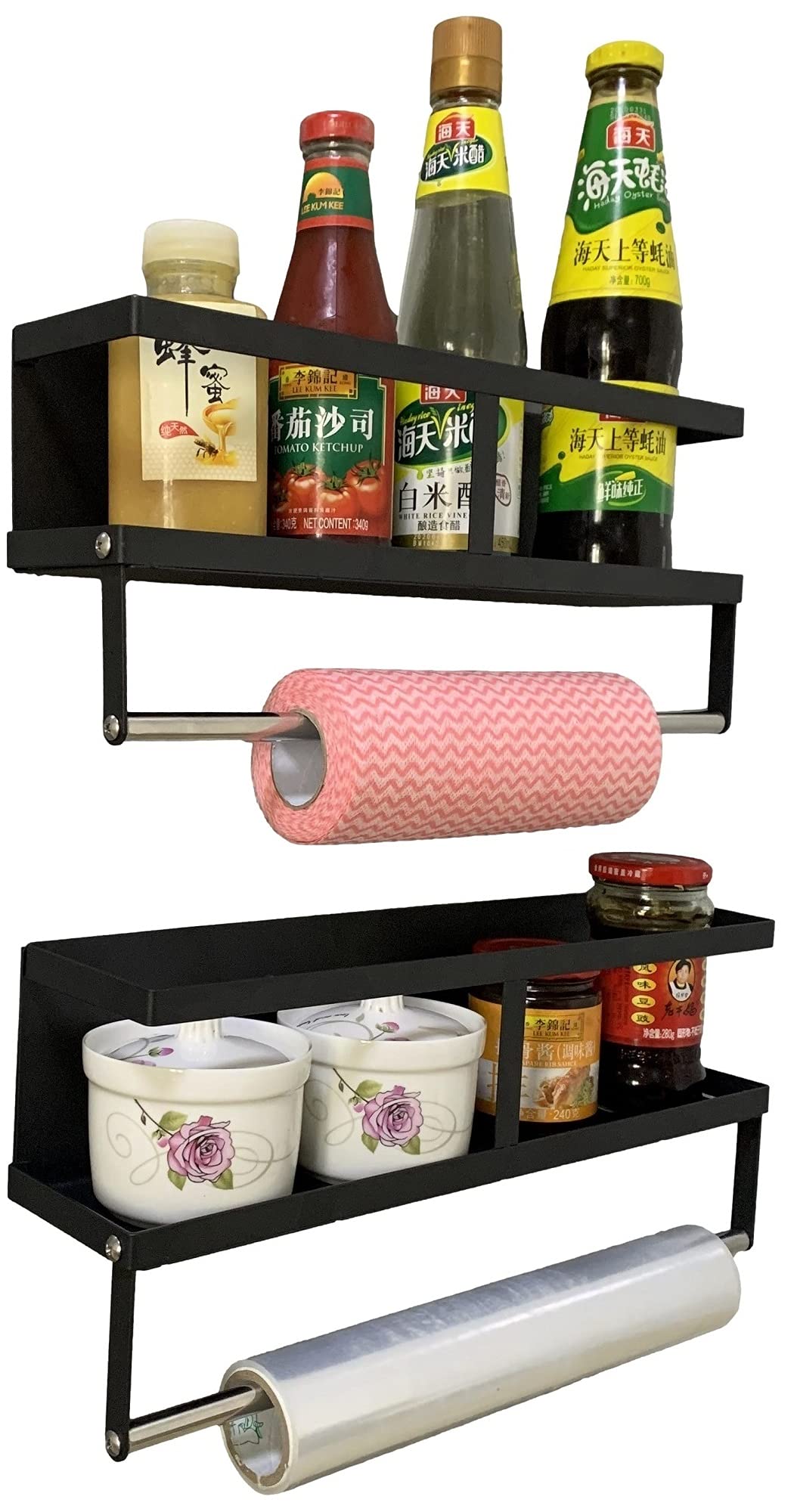 Buy 2 pack 15inch and 16inch spice rack, 6 hooks, paper towel