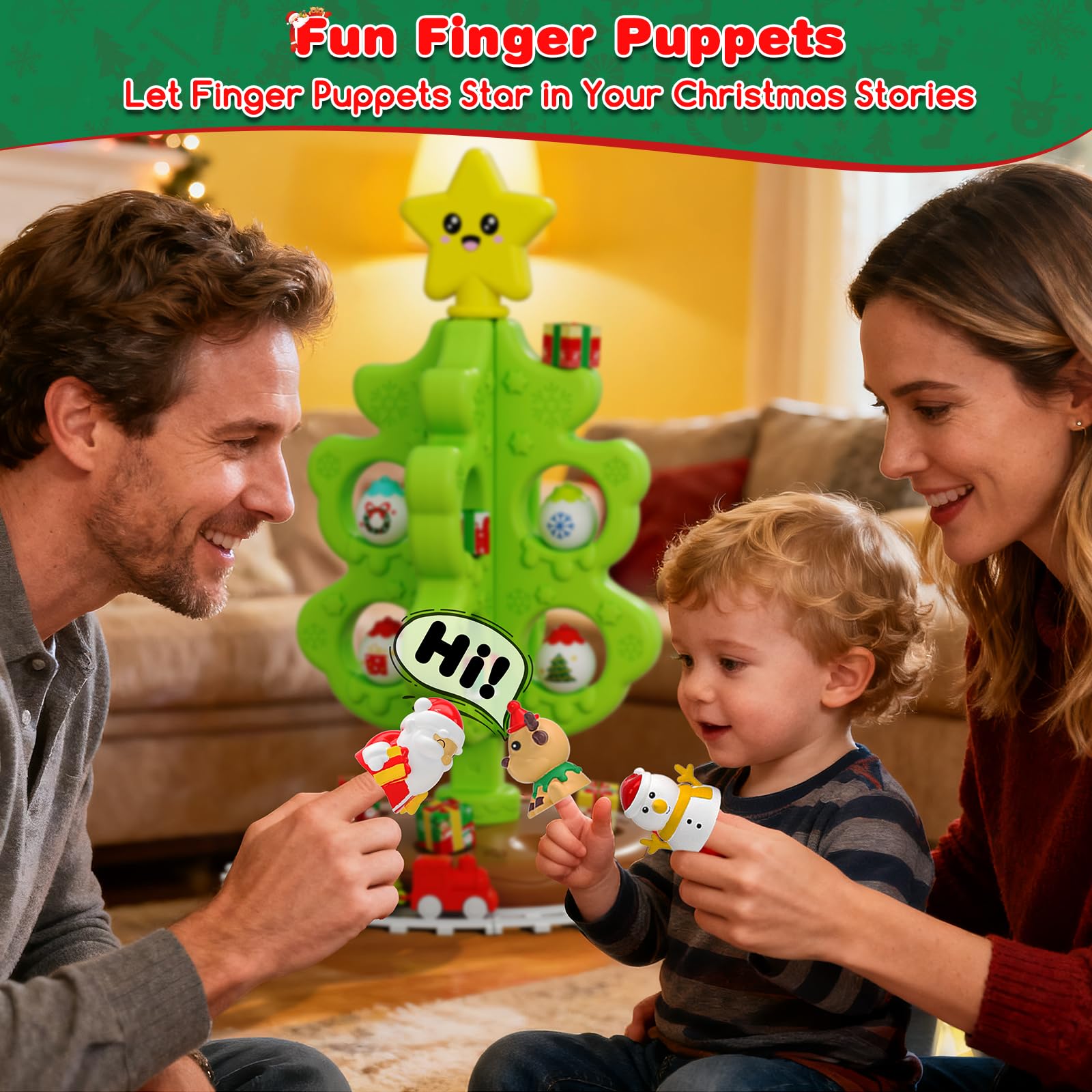 Mio Primo Albero di Natale per Bambini, Giocattolo Montessoriano Musicale con Luci e Decorazioni, Set di Trenini in Miniatura, Giocattoli a Rulli, Burattini da Dito, Regali Natale per Bambini Bambina