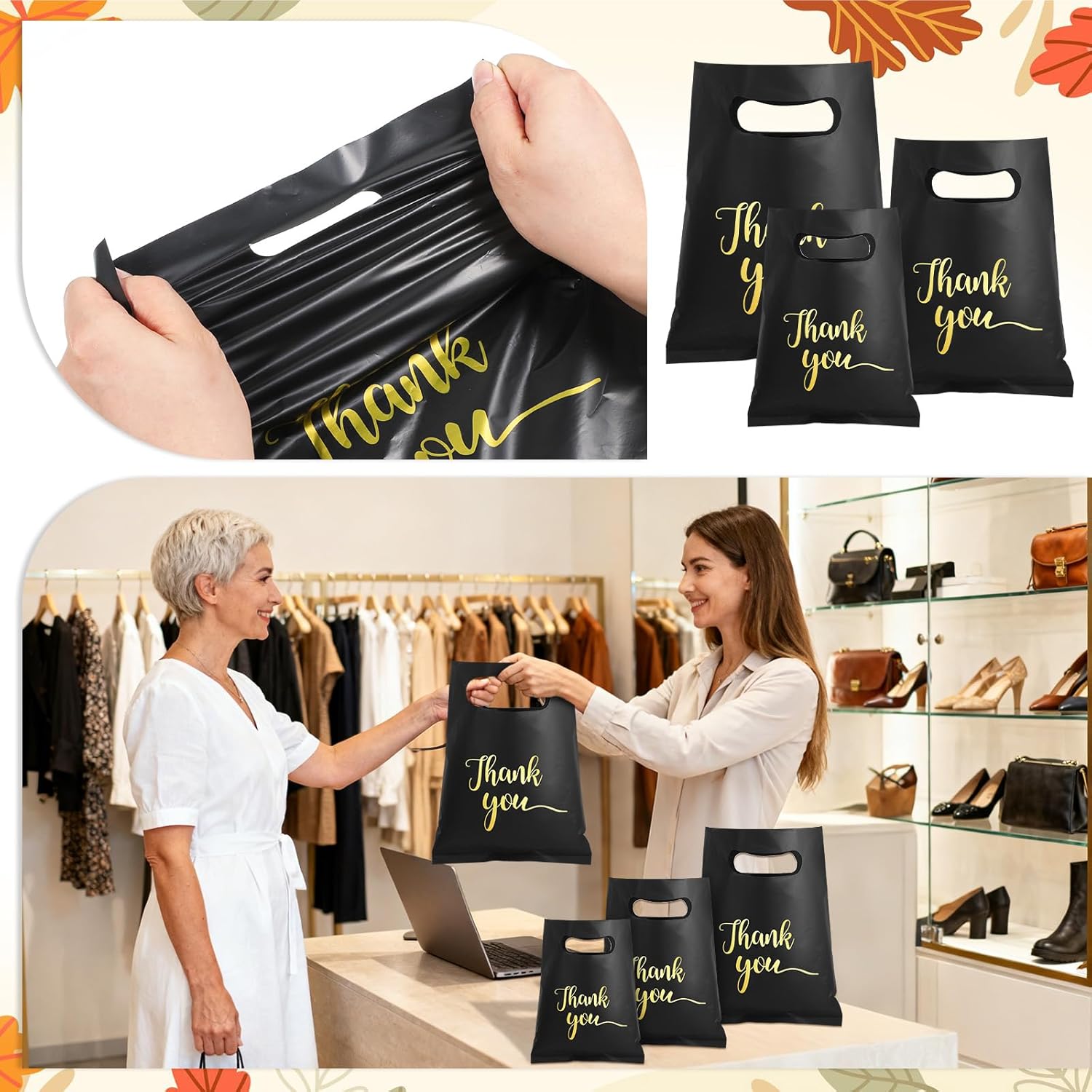300 Pcs Thank You Bags for Business Small 3 Size Plastic Merchandise Bags Retail Merchandise Clothes Bag with Handle for Wedding Party Stores Packaging Wholesale Goodie Bag, Black - Image 5