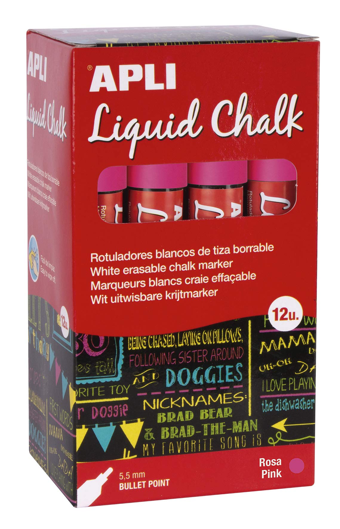 Apli, Erasable Chalk Marker Pen 5.5mm Liquid Chalk Bullet Tip Pink