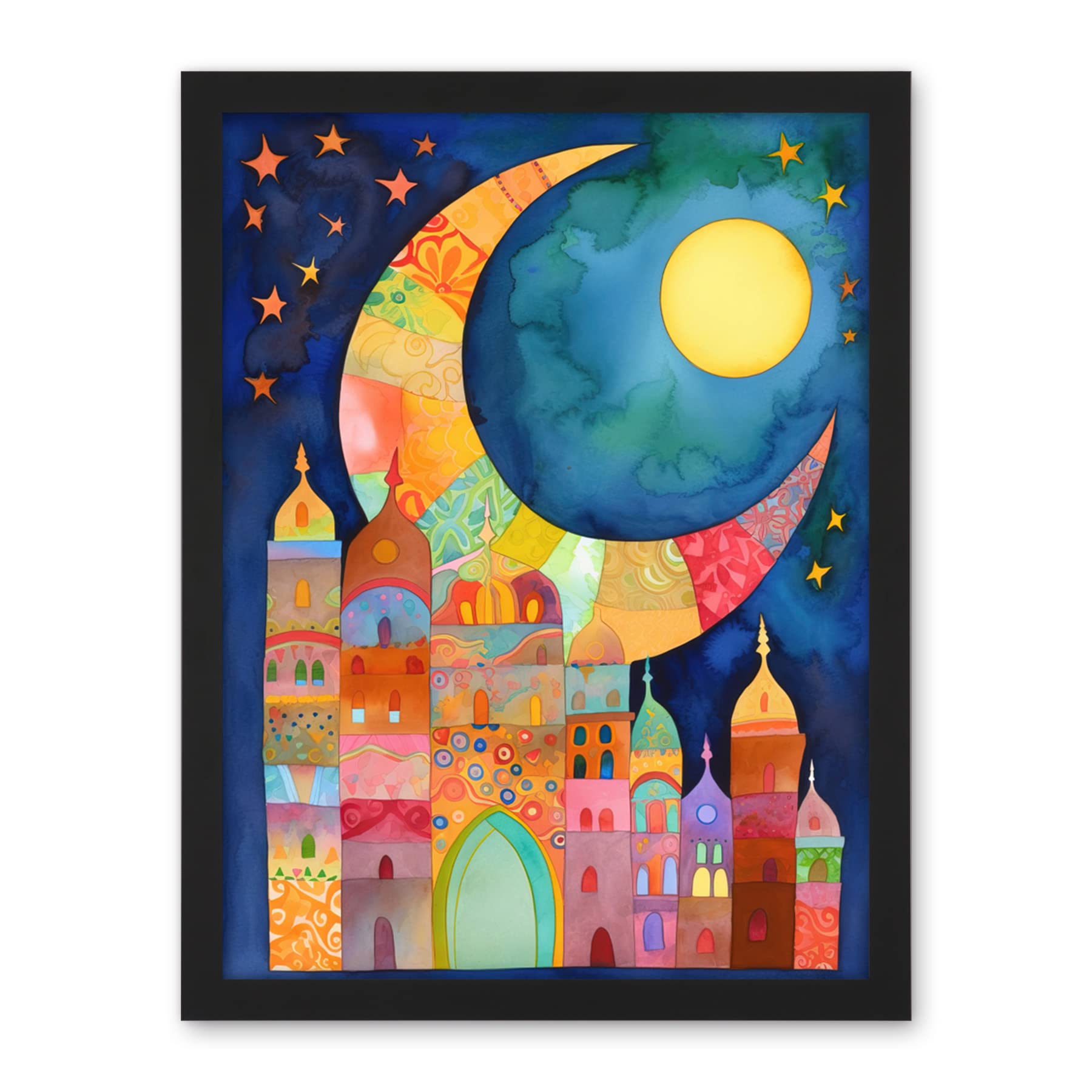 Artery8 Eid Crescent Moon Cityscape Folk Art Watercolour Painting Artwork Framed Wall Art Print 18X24 Inch