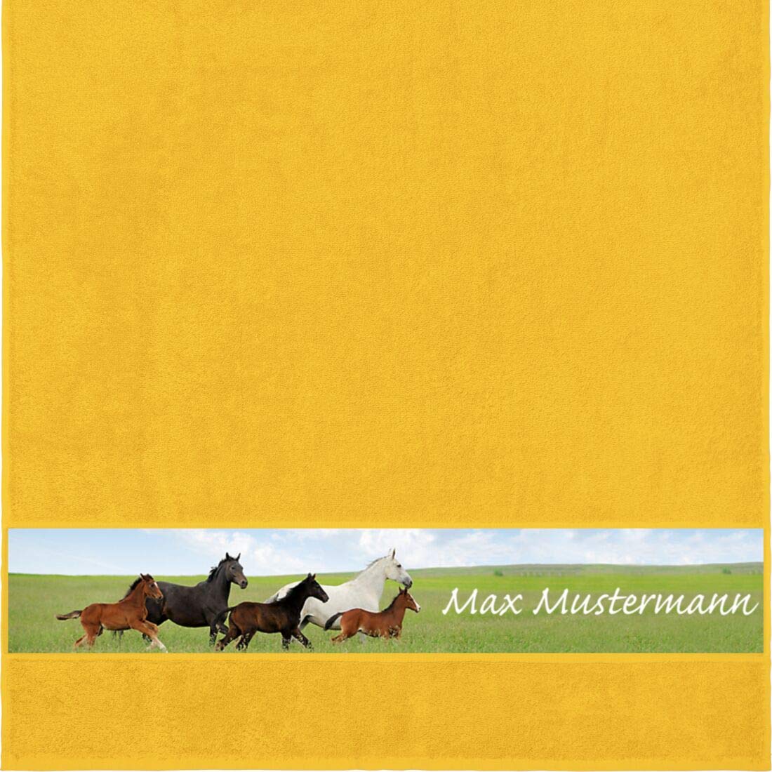 Manutextur Duschtuch mit Namen - personalisiert - Motiv Tiere - Pferde - viele Farben & Motive - Dusch-Handtuch - gelb - Größe 70x140 cm - persönliches Geschenk mit Wunsch-Motiv und Wunsch-Name