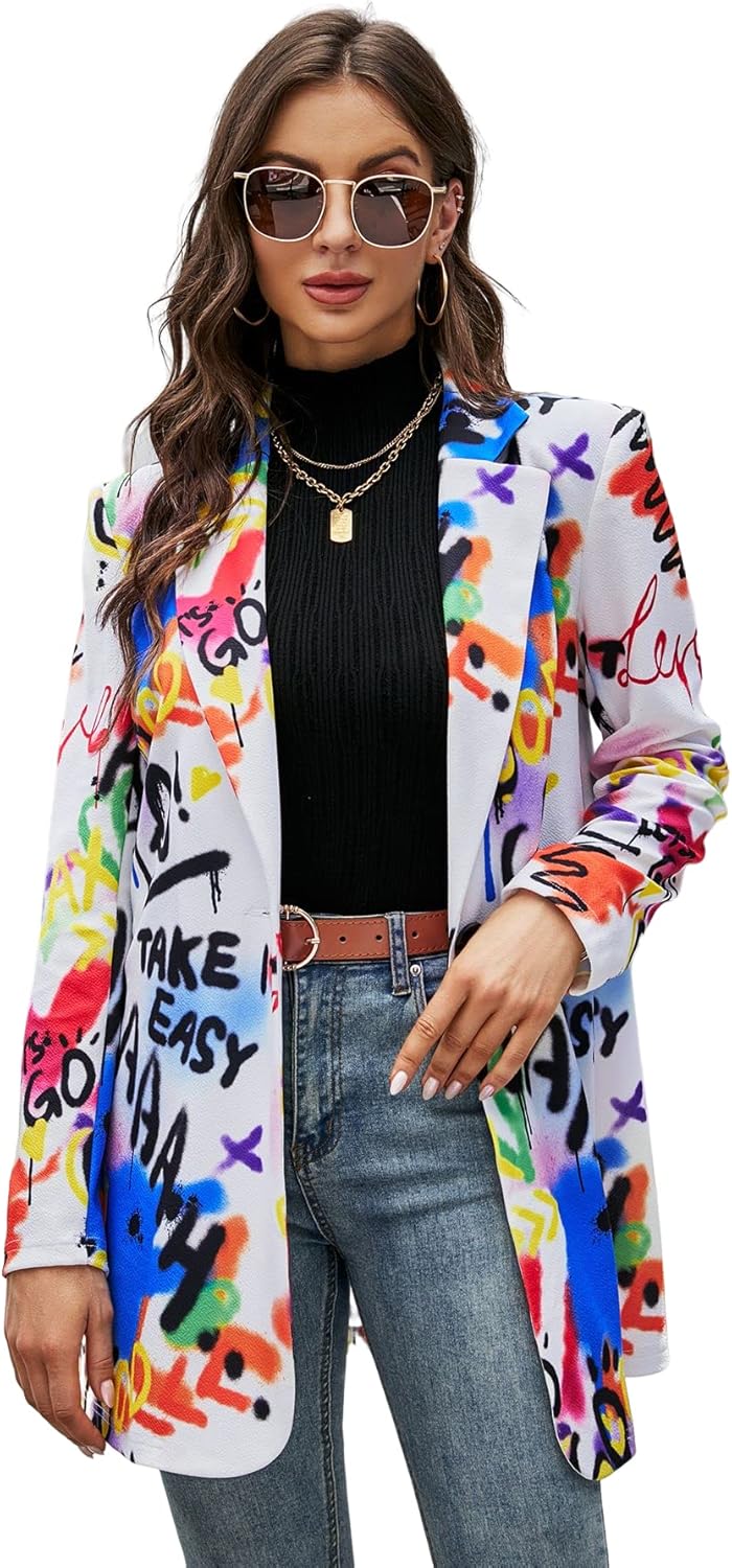 Floerns Women's Casual Long Sleeve Graphic Colorful Blazer Work Suit Jackets