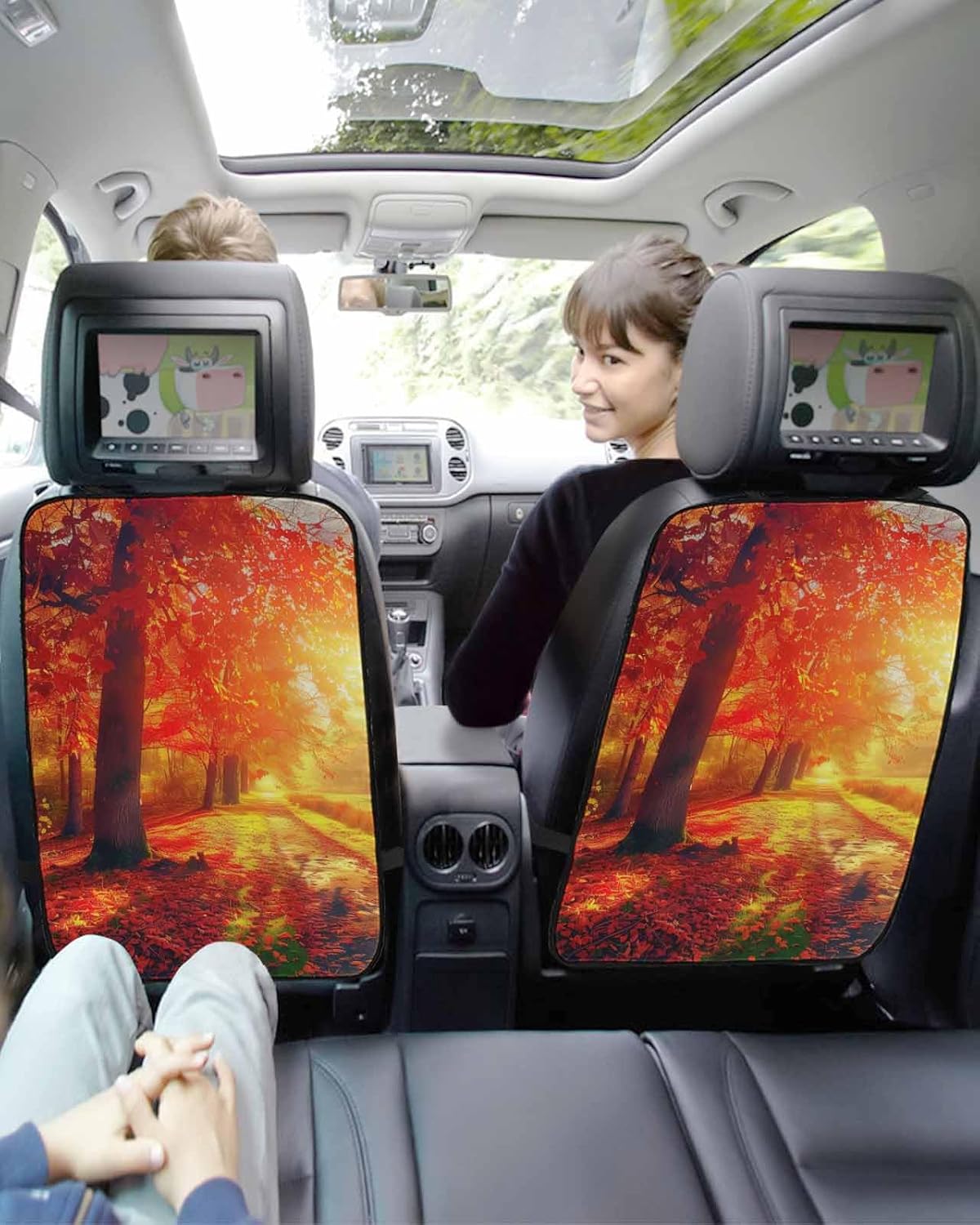 T&H XHome Car Seat Protector, 2 Pack Kick Mats Back Seat Protector Autumn Red Maple Leaf Forest Sunshine Silhouette Waterproof Backseat Cover for Kids Universal Fit Automotive Interior Protectors