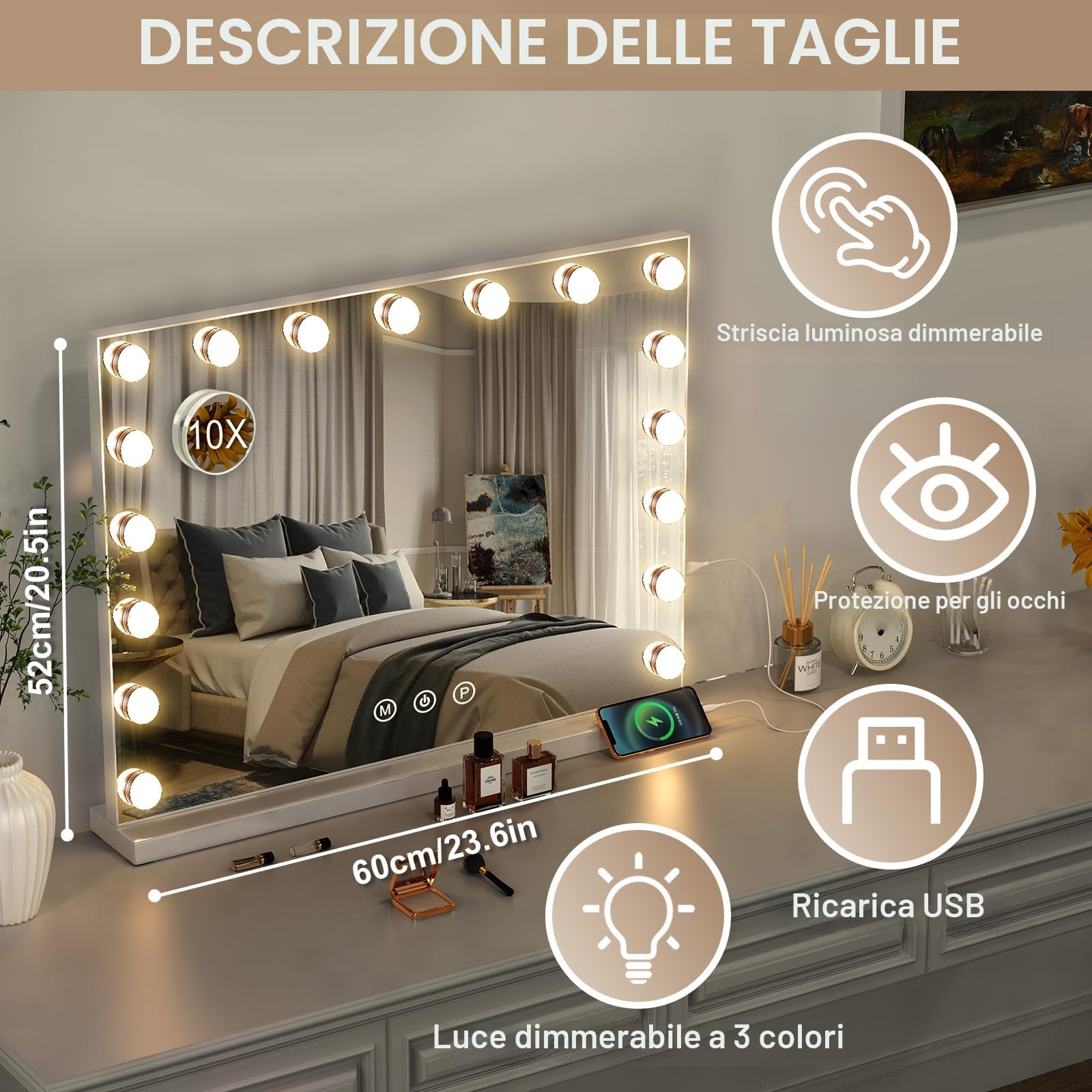 Specchio Trucco con Luci, 3 modalità Luce, 60 x 52 cm Specchio Trucco, Durevole Specchio con Luci Make Up, Specchio Make Up con 17 Lampadine LED
