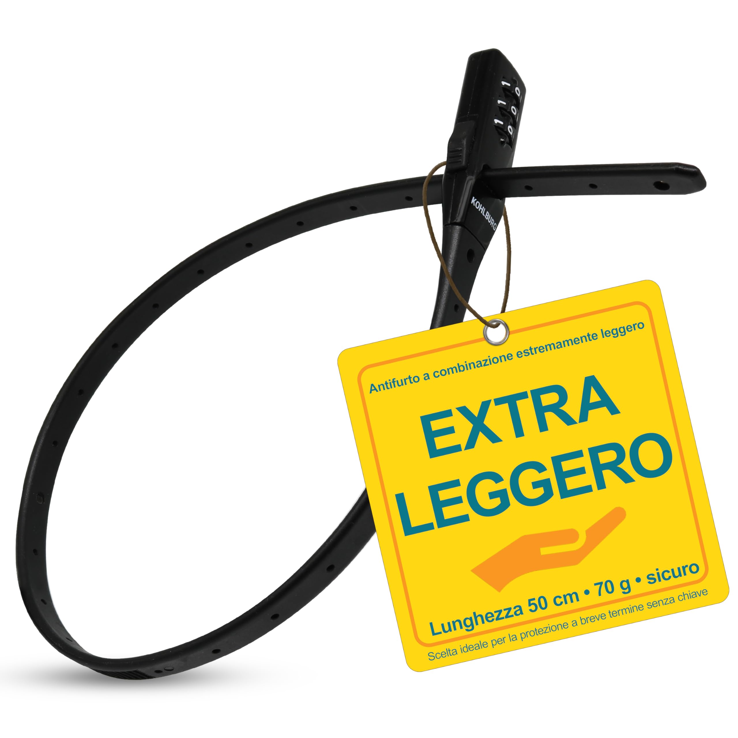 KOHLBURG antifurto a combinazione leggero, solo 70 g con codice numerico – antifurto bici da 50 cm compatto e sicuro – antifurto tipo fascetta bici da corsa, scooter, monopattino lucchetto casco e sci
