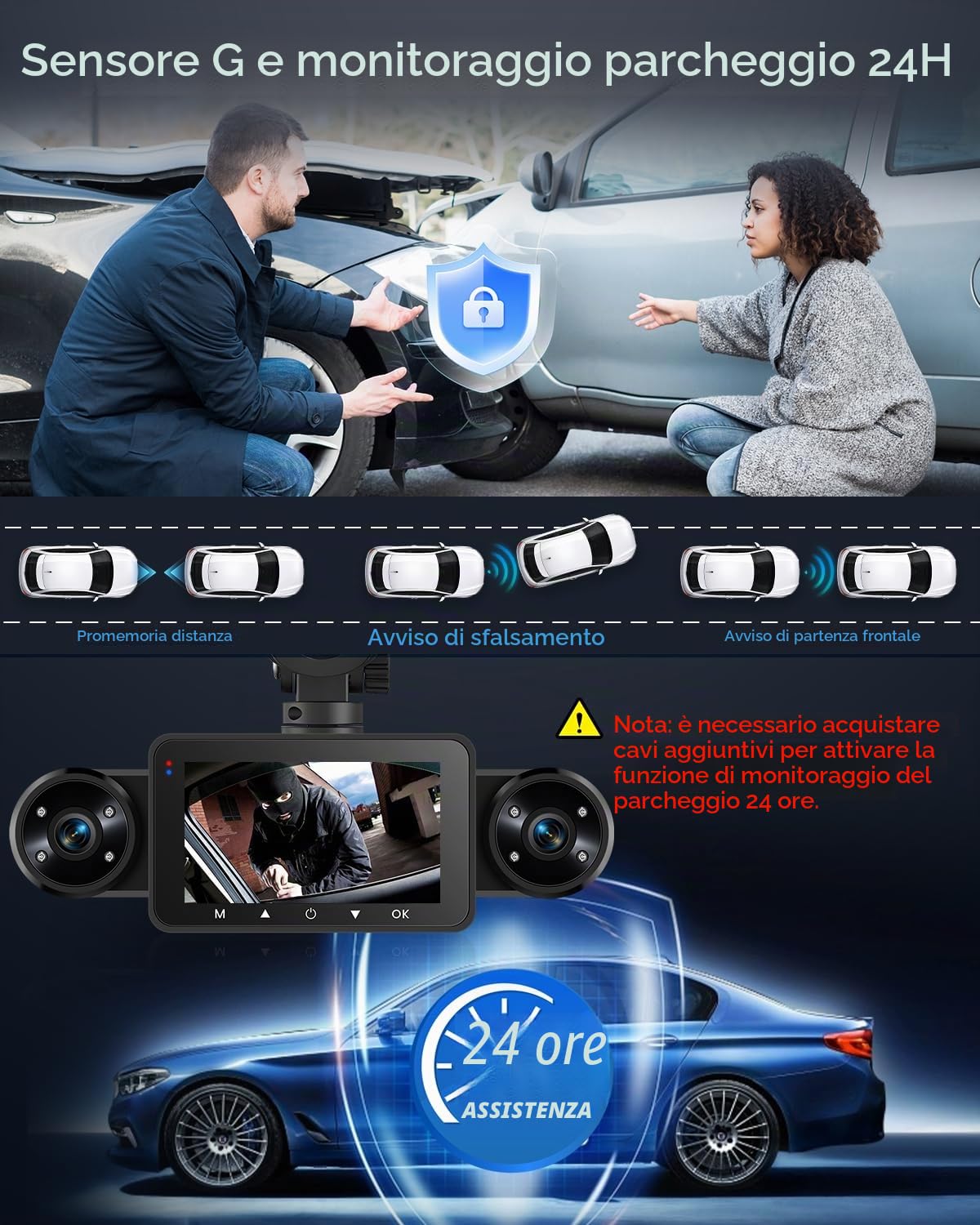 NHOPEEW 4 canali Dash Cam 3’’ IPS Touchscreen anteriore e posteriore con 8 luci IR per la visione notturna, registrazione in loop, 24 ore di registrazione, G-Sensor, aiuto alla retromarcia + scheda di