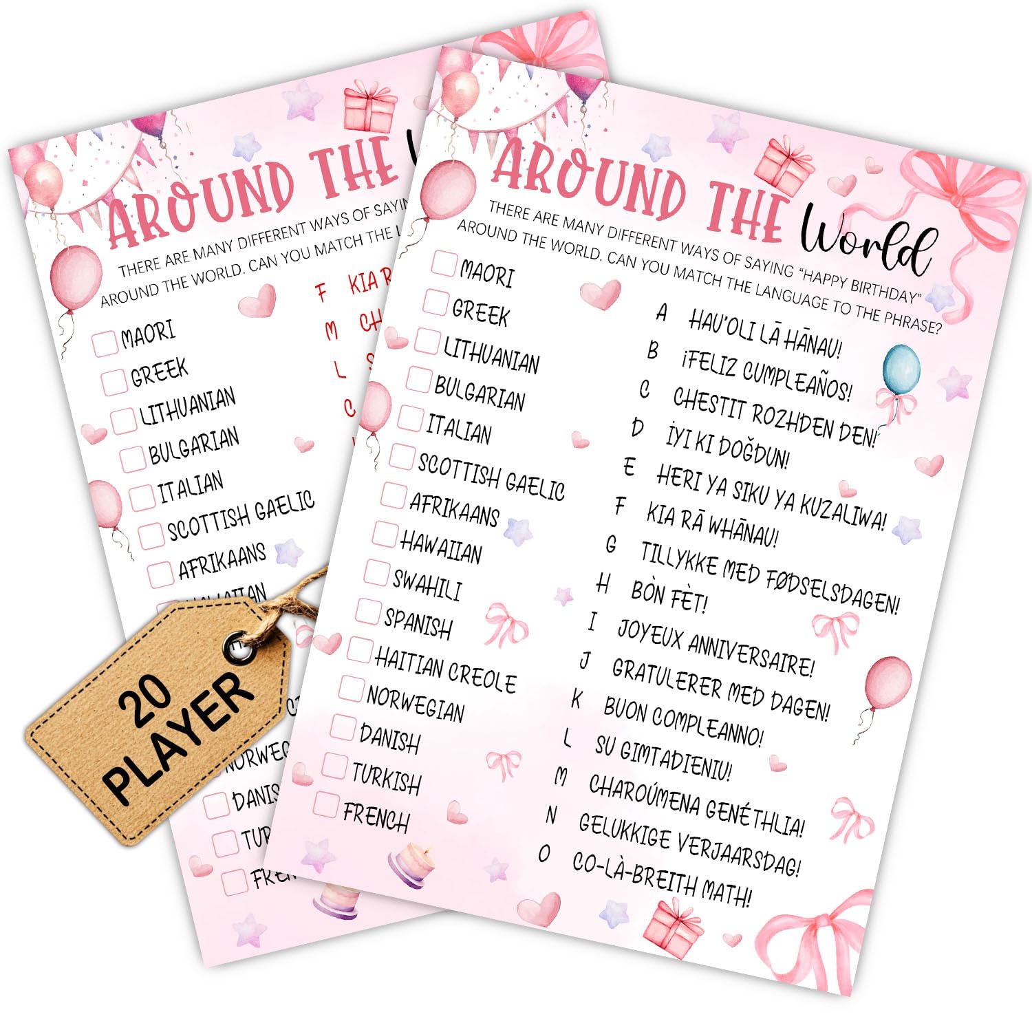 Coquette Pink Bow Themed Sleepover Slumber Party Supplies -Pink Slumber Party Games Card - Sleepover Stuff - Birthday Night Games Creative Idea -Around the World- 20 Game Cards and 2 Answer Key