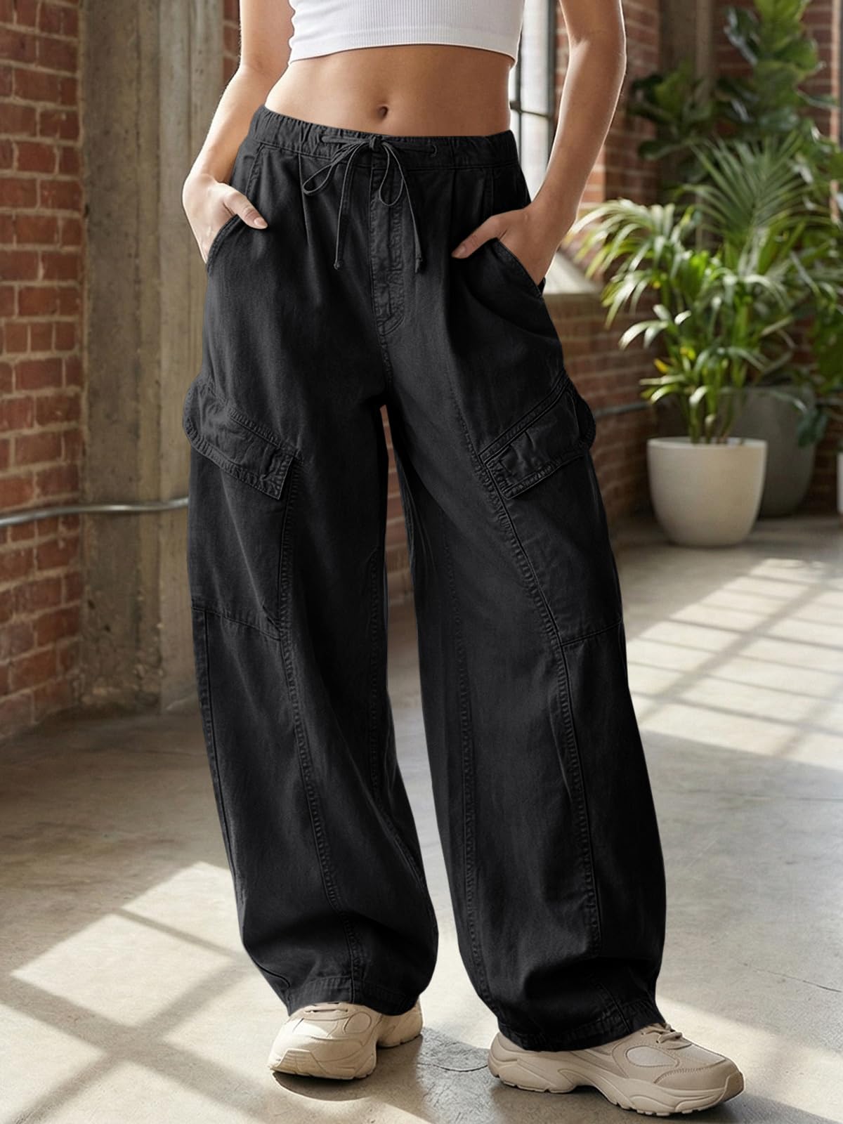 Fisoew Pantaloni da donna Baggy Y2K in vita elasticizzata, pantaloni cargo con coulisse e tasche, casual, larghi pantaloni