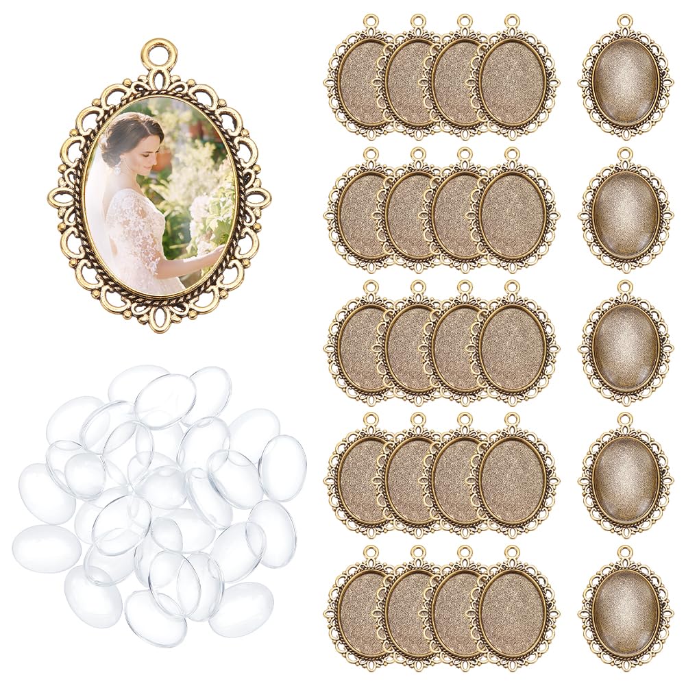 UNICRAFTALE 40 Sets Oval Blank Bezel Pendant Trays Base Antique Golden Cabochon Setting Trays Pendant Bridal Wedding Bouquet Graduation Photo Charm with Glass Cabochons for DIY Crafts Jewelry Making