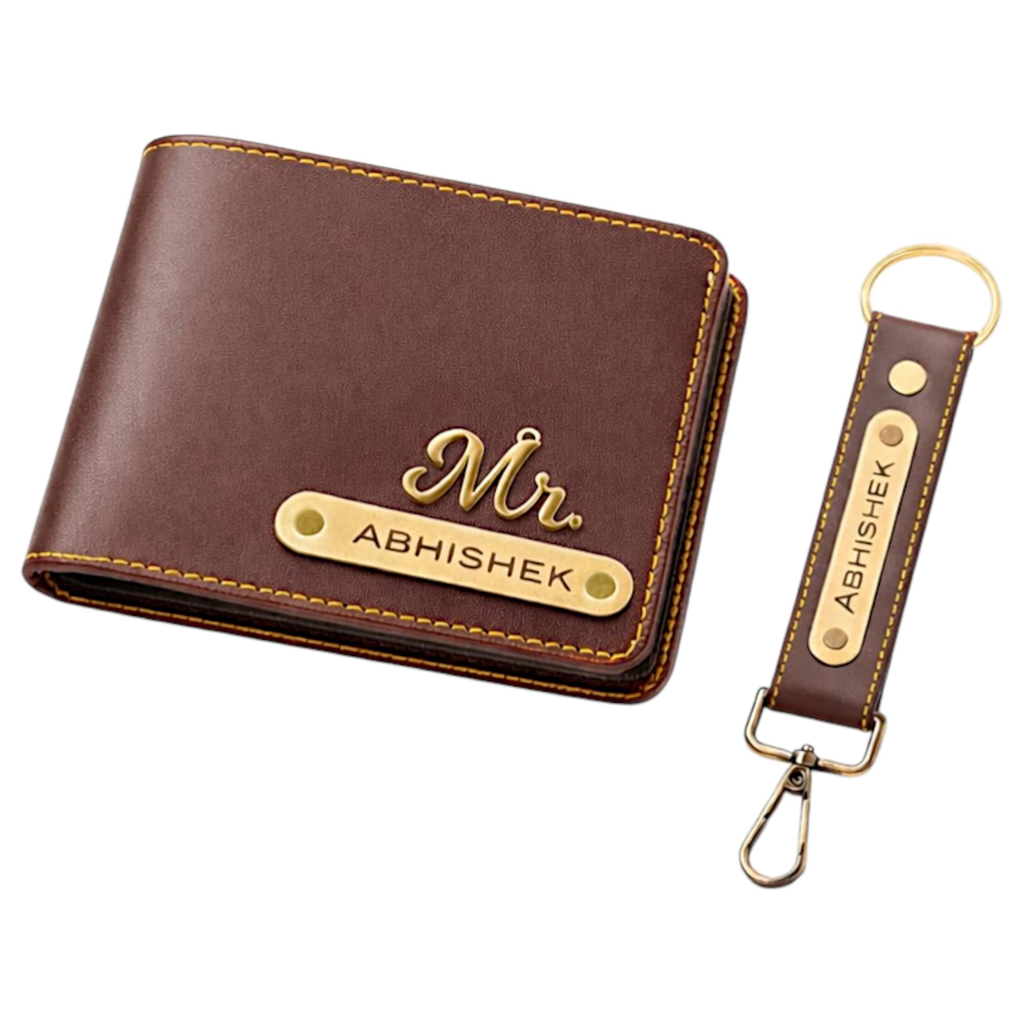 Customized Wallet and Keychain Combo for Men - Personalized Wallet Keychain Set with Name Printed - Leather Name Wallet Keychain for Men - Customised Gifts for Men with Name & Charm - Brown-image-34