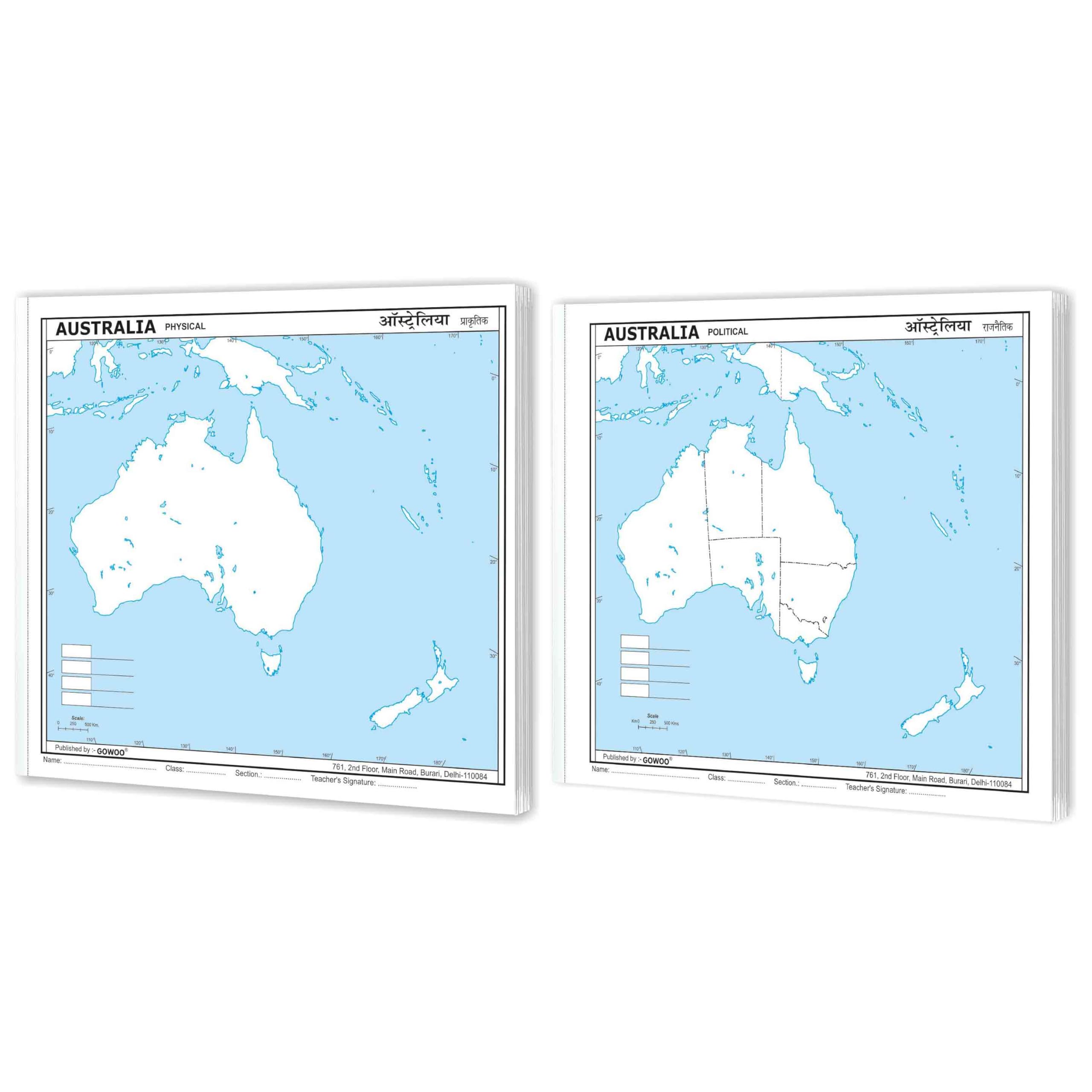 SMALL - 100 AUSTRALIA POLITICAL OUTLINE MAP and SMALL 100 AUSTRALIA PHYSICAL OUTLINE MAP FOR SCHOOL | Combo of 2