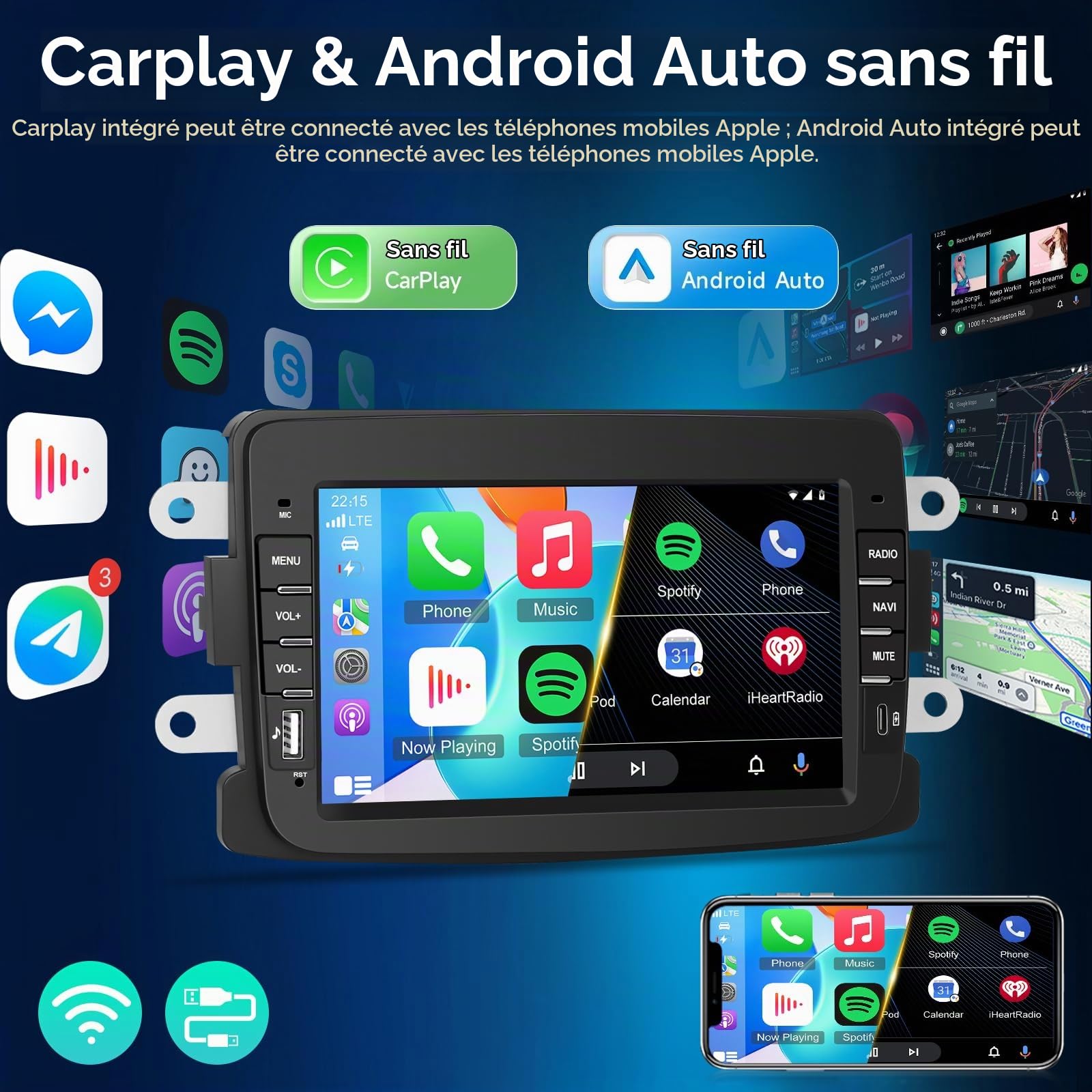 NHOPEEW 4+64G Radio Voiture pour Dacia Duster Sandero Dokker Logan Lodgy - Radio Android 7 Pouces avec sans Fil Carplay et Android Auto - Mirror Link EQ DSP Écran Divisé + Caméra de Recul