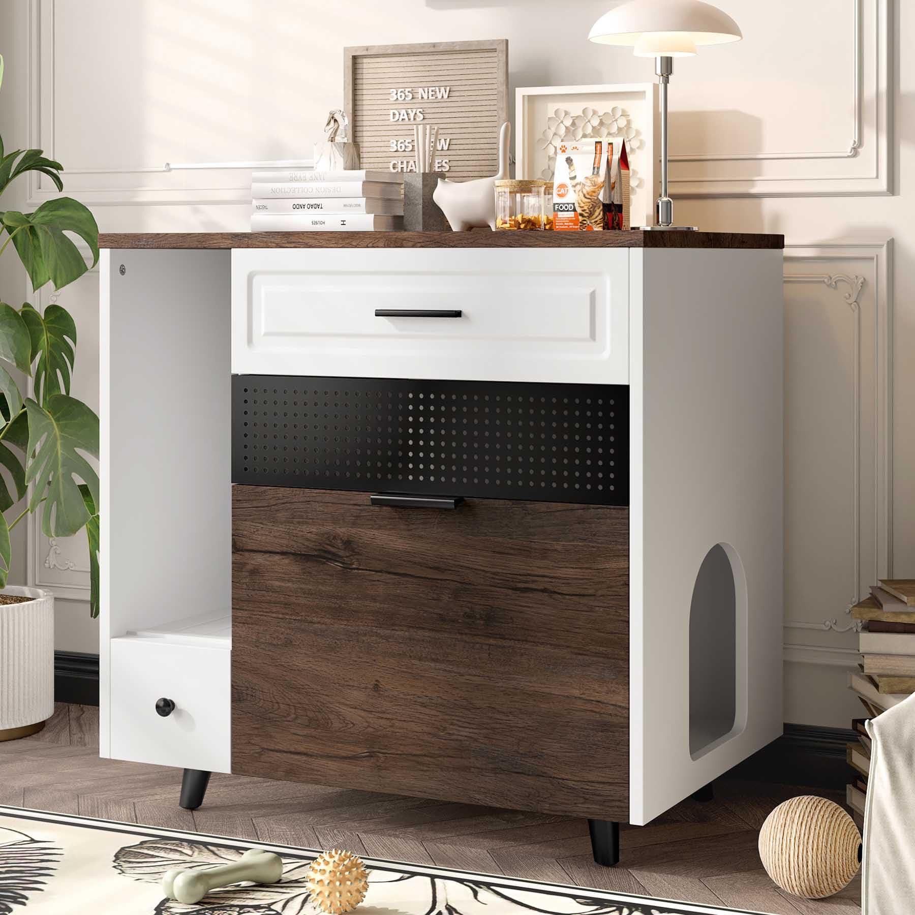 31.8” Cat Litter Box Furniture, Hidden Litter Box Furniture with Storage & Side Table, Enclosed Wood Cat House, Farmhouse, Suitable for Living Room