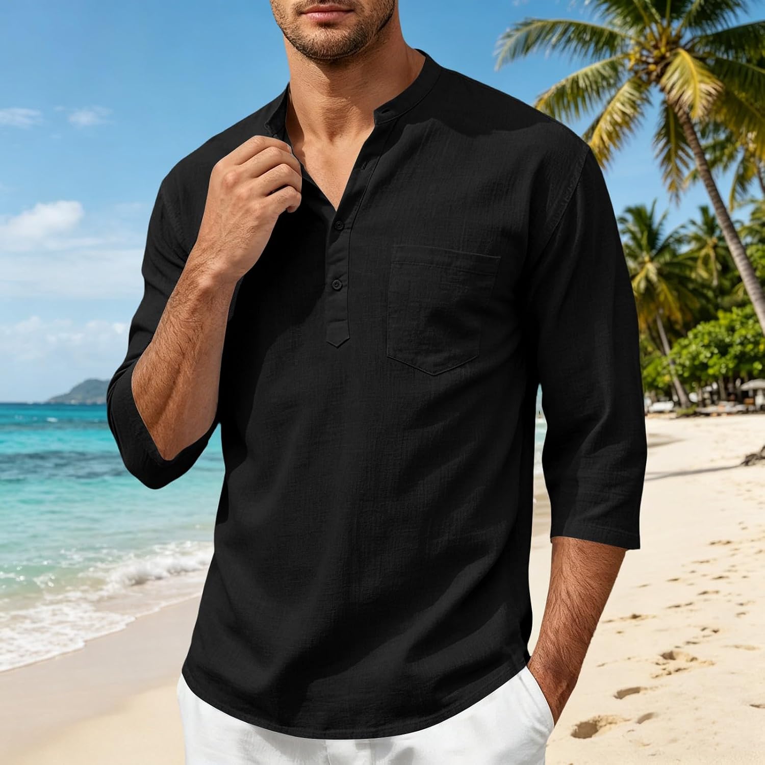 Mens Casual Henley Shirts 3/4 Sleeve Band Collar Cotton Linen Shirt Summer Beach Hippie T-Shirts with Pocket