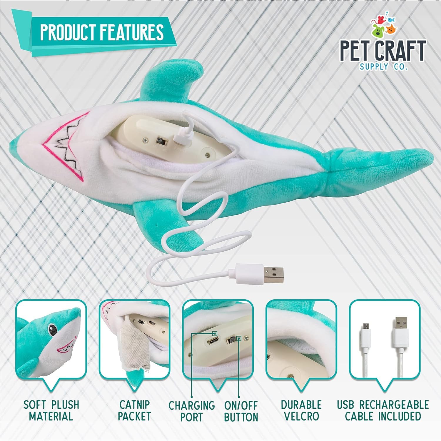 Pet Craft Supply Wiggle Pickle and Shimmy Shark Flipper Flopper Flopper Interactivo eléctrico Realista Que se Mueve Peces en Movimiento, Potente Hierba gatera y Silvervine Juguete para Gatos
