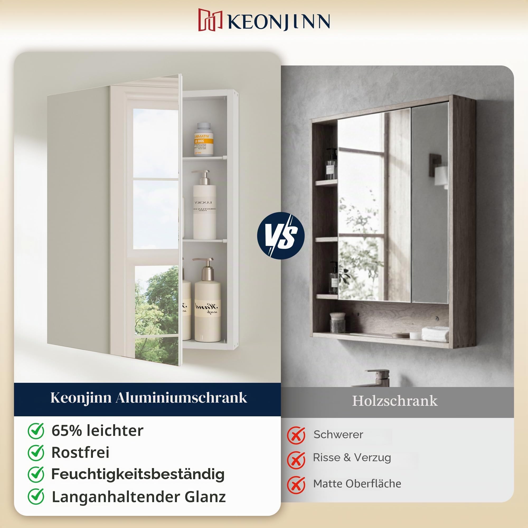 Keonjinn Spiegelschrank Bad, 60 x 80 cm Badezimmerschrank mit Spiegel, Hängeschrank mit verstellbaren Regalen, Modern Wandschrank für Badezimmer, weiß