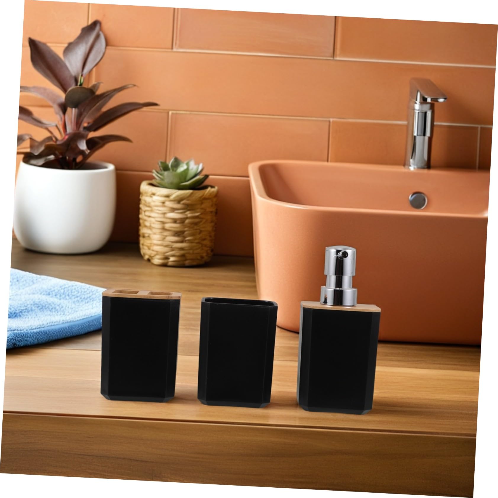 Set de Accesorios de Baño de Bambú Negro Dispensador de Jabón y Soporte para Cepillo de Dientes, Limpieza Fácil y Diseño Moderno para Hogar y Hotel