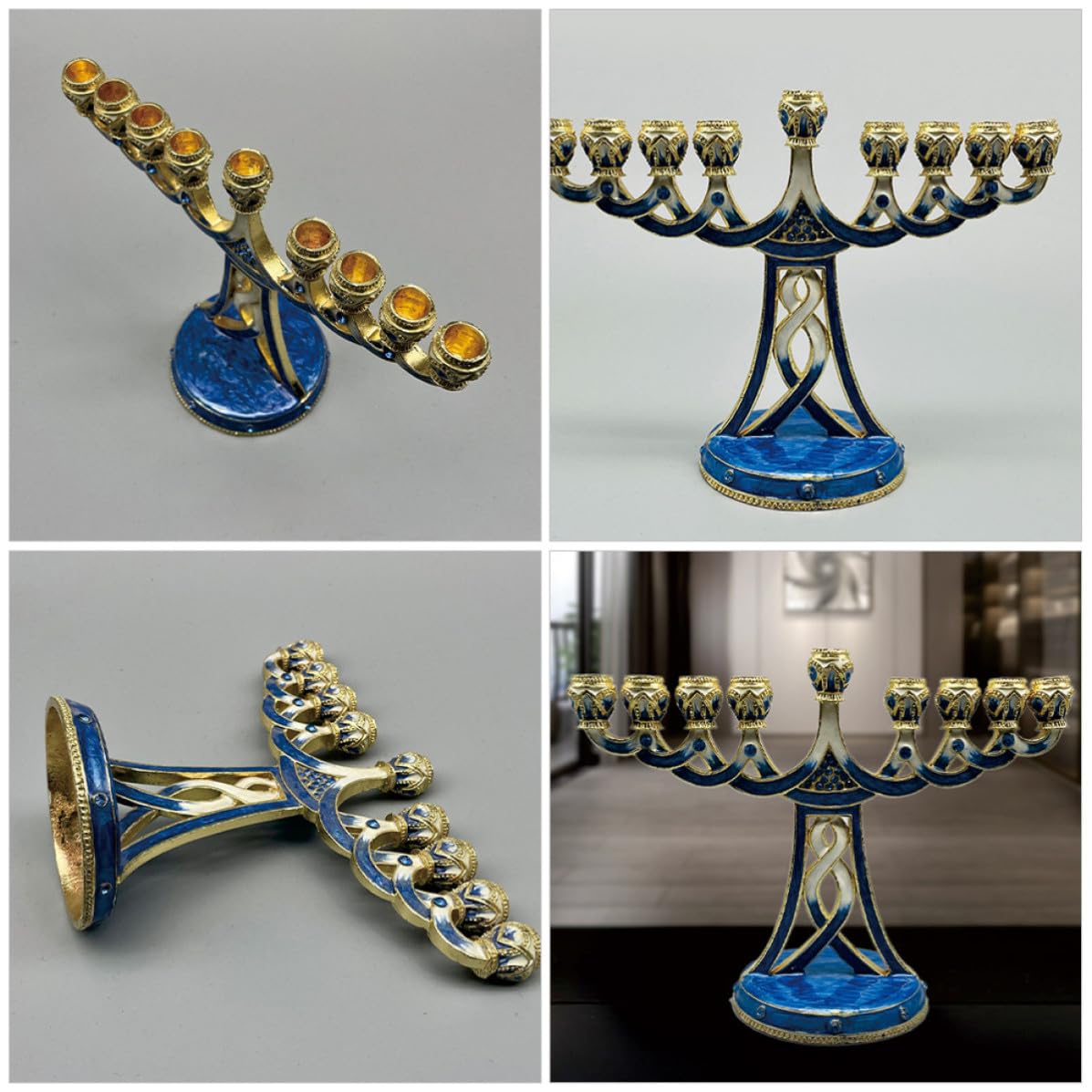 GALPADA Candeliere Hanukkah in Metallo Blu a 9 Braccia, Design Vintage Delicato e Multifunzionale, Stabile, per Cerimonie Religiose e Camere da Letto